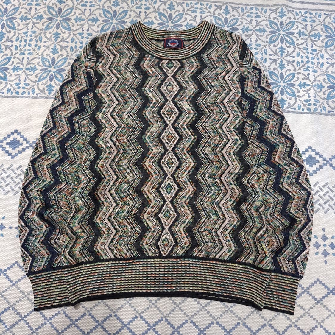 OTTIMO 베이지 멀티컬러 에스닉 지그재그 패턴 코튼 블렌드 니트 L 상품이미지3