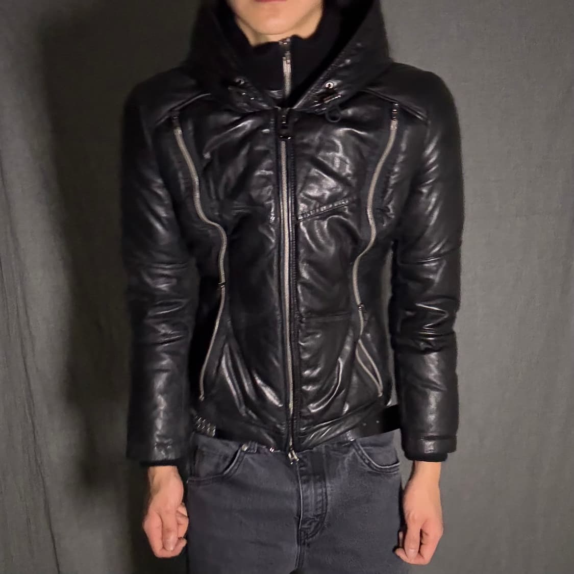 GK 가죽 후드집업 패딩 블랙 상품이미지1