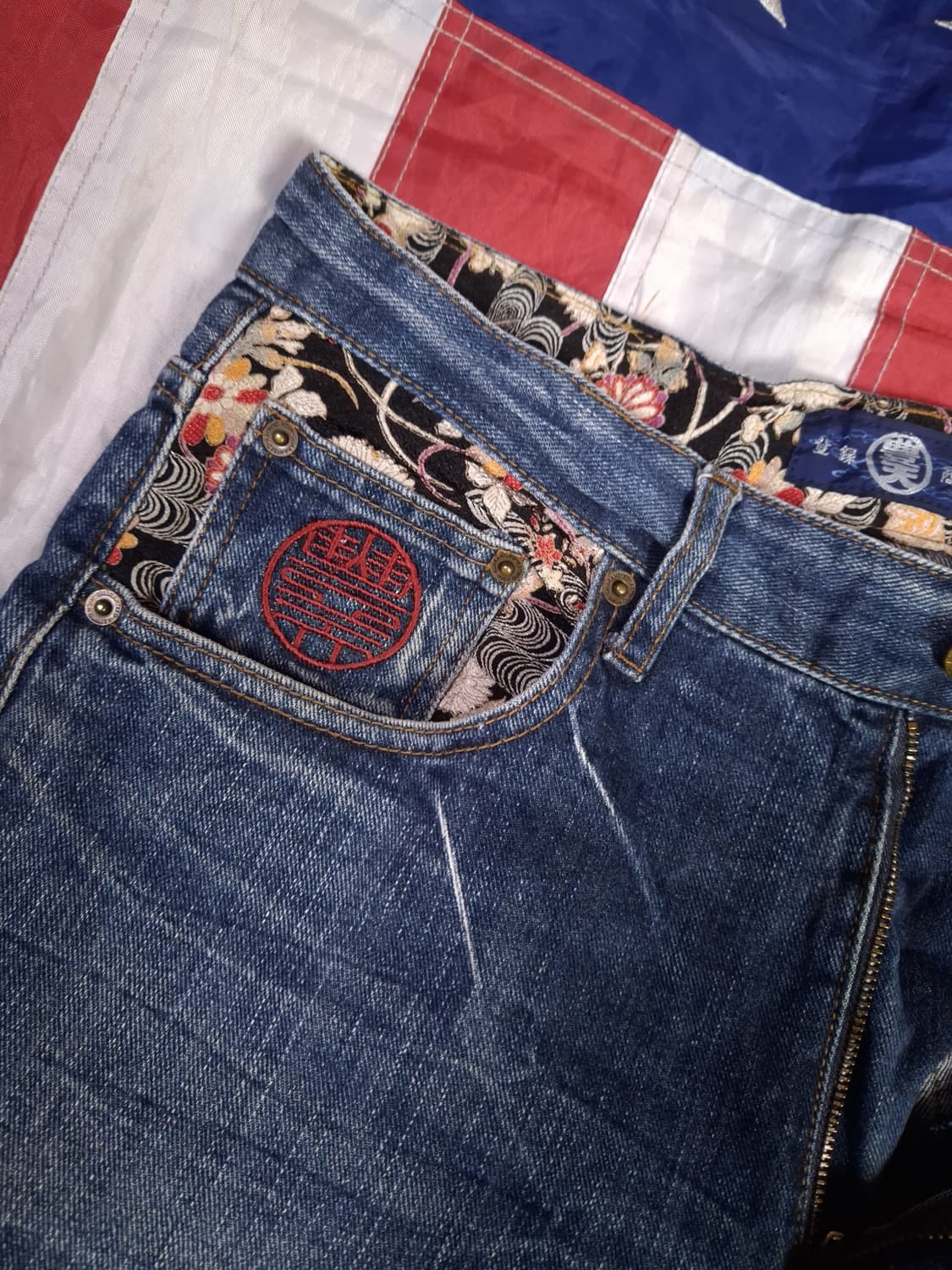 오리지날 일본판 풍신뇌신 오리엔탈 자수 잉어 데님진 상품이미지8