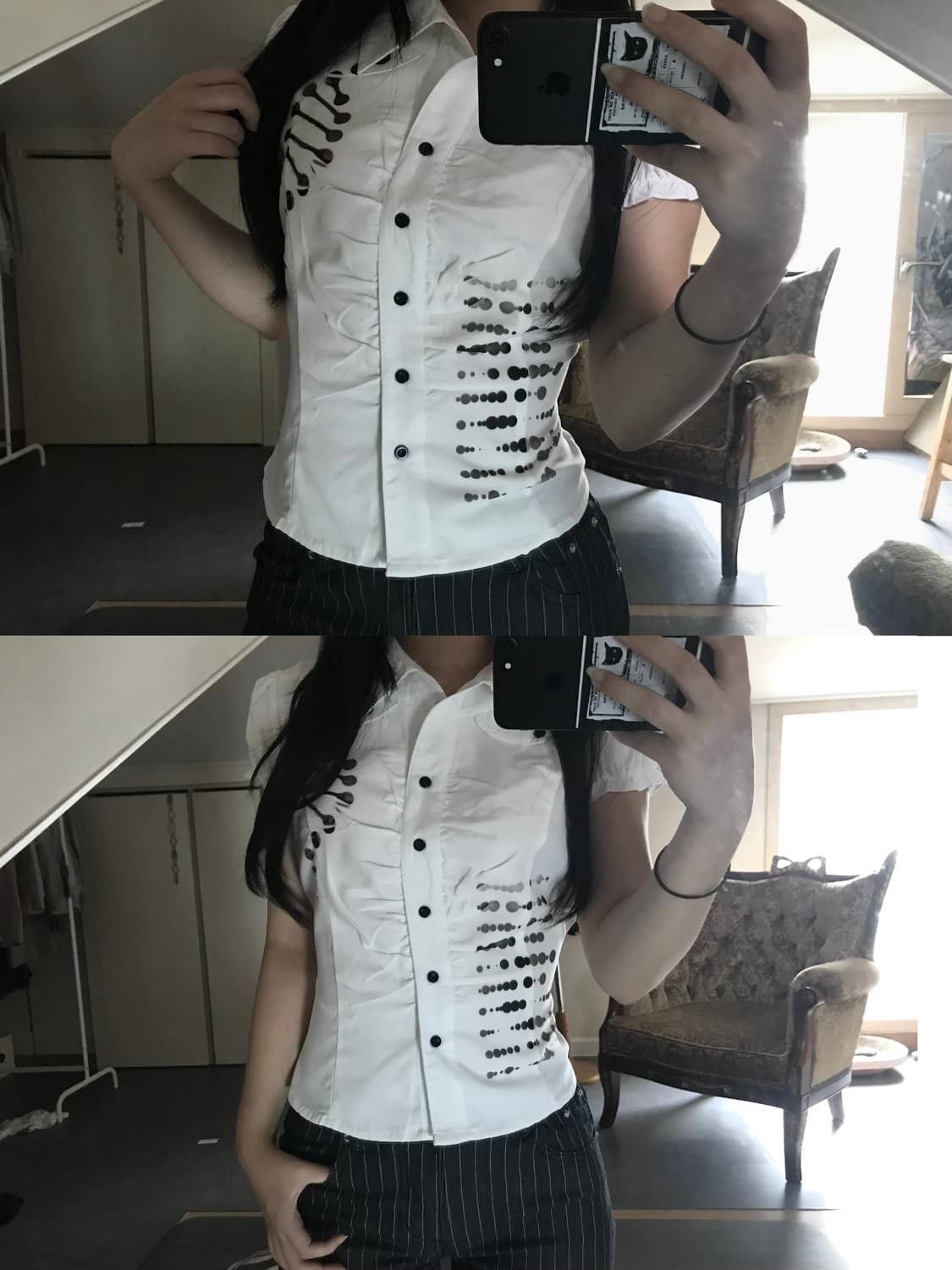 Dot Print Fitted White Blouse 상품이미지1
