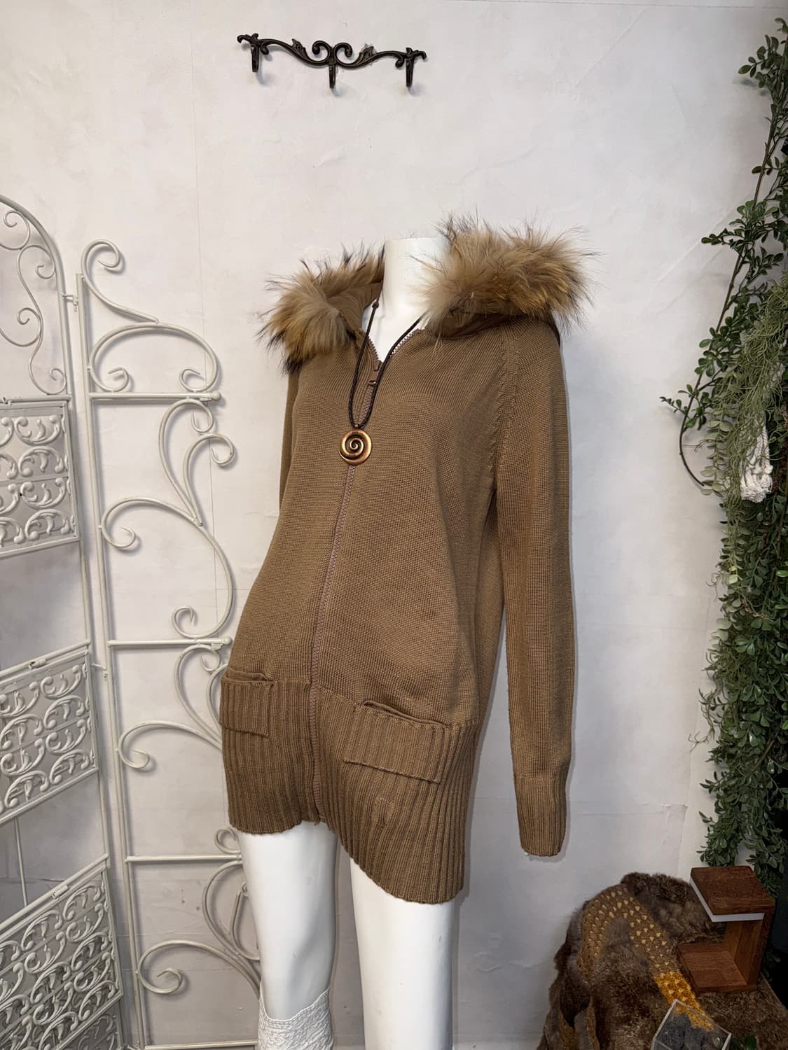 Brown fur hood zipup knit ops 상품이미지2