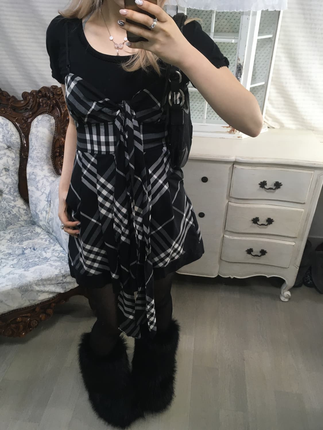 빈티지 로걀 리본 체크 점프수트 상품이미지2