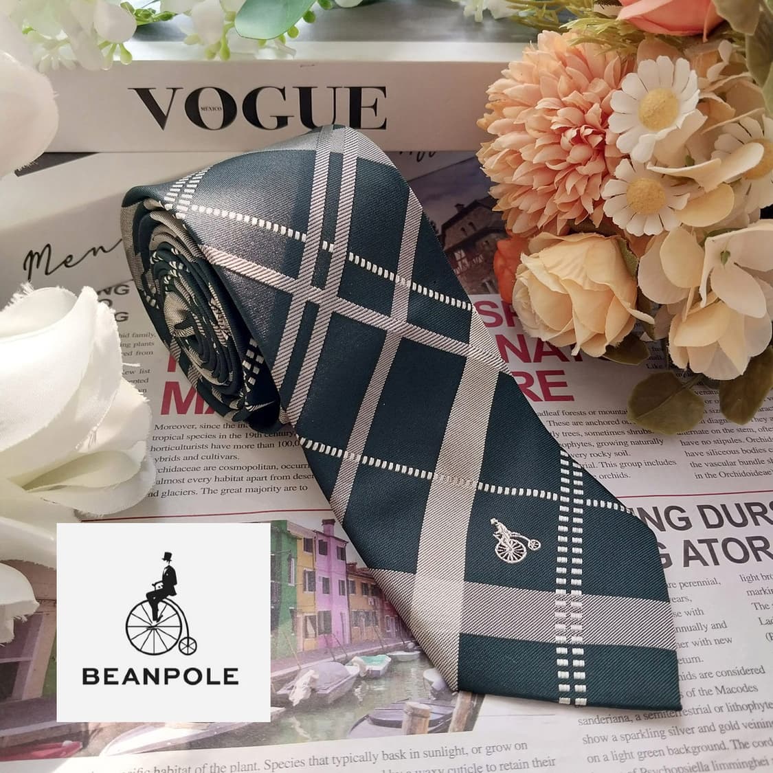 빈폴 실크 그린 체크 패턴 넥타이 6.7cm A+등급 K2327 상품이미지1