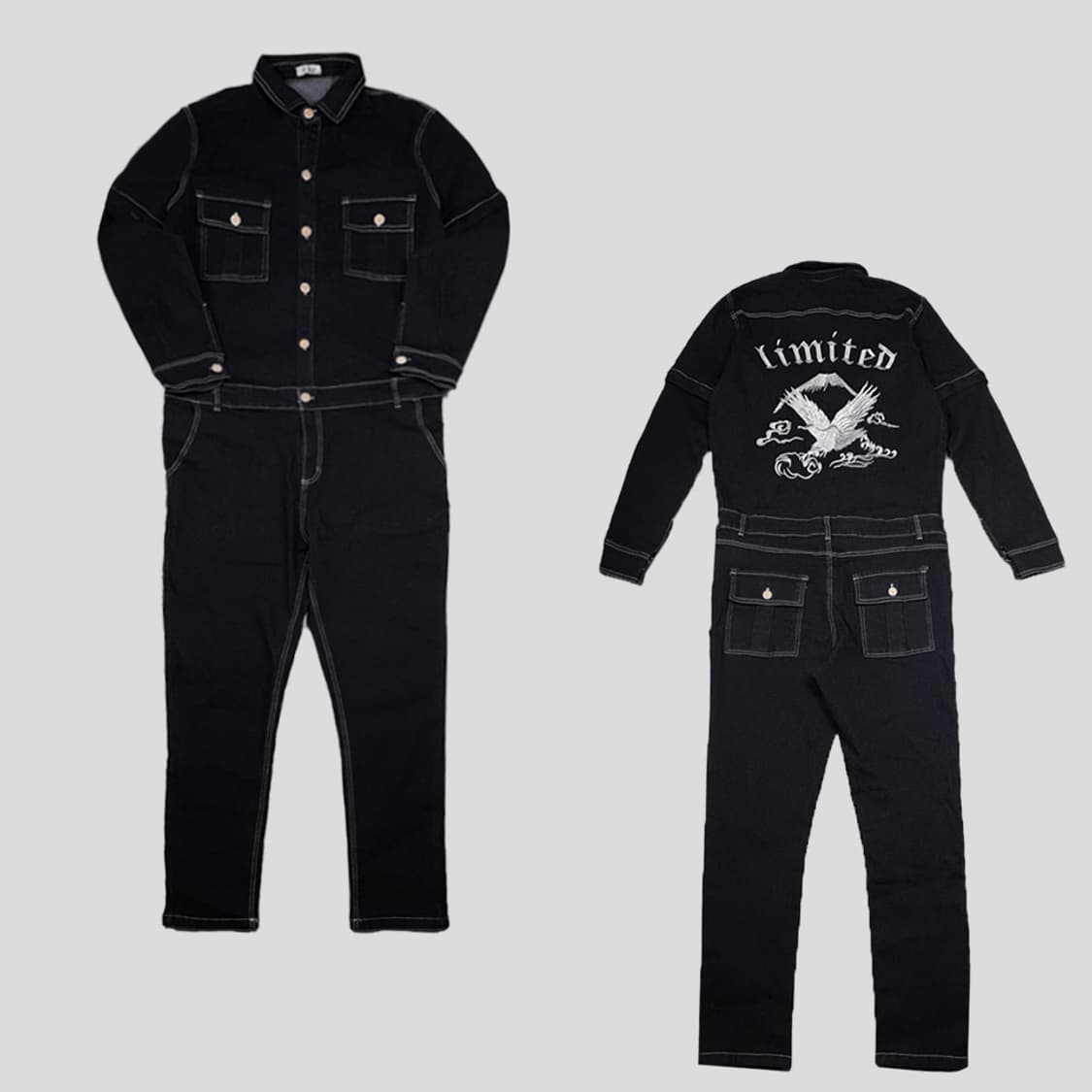 Y&X 흑청 블랙 백실버자수 데님 점프슈트 SIZE M 상품이미지1
