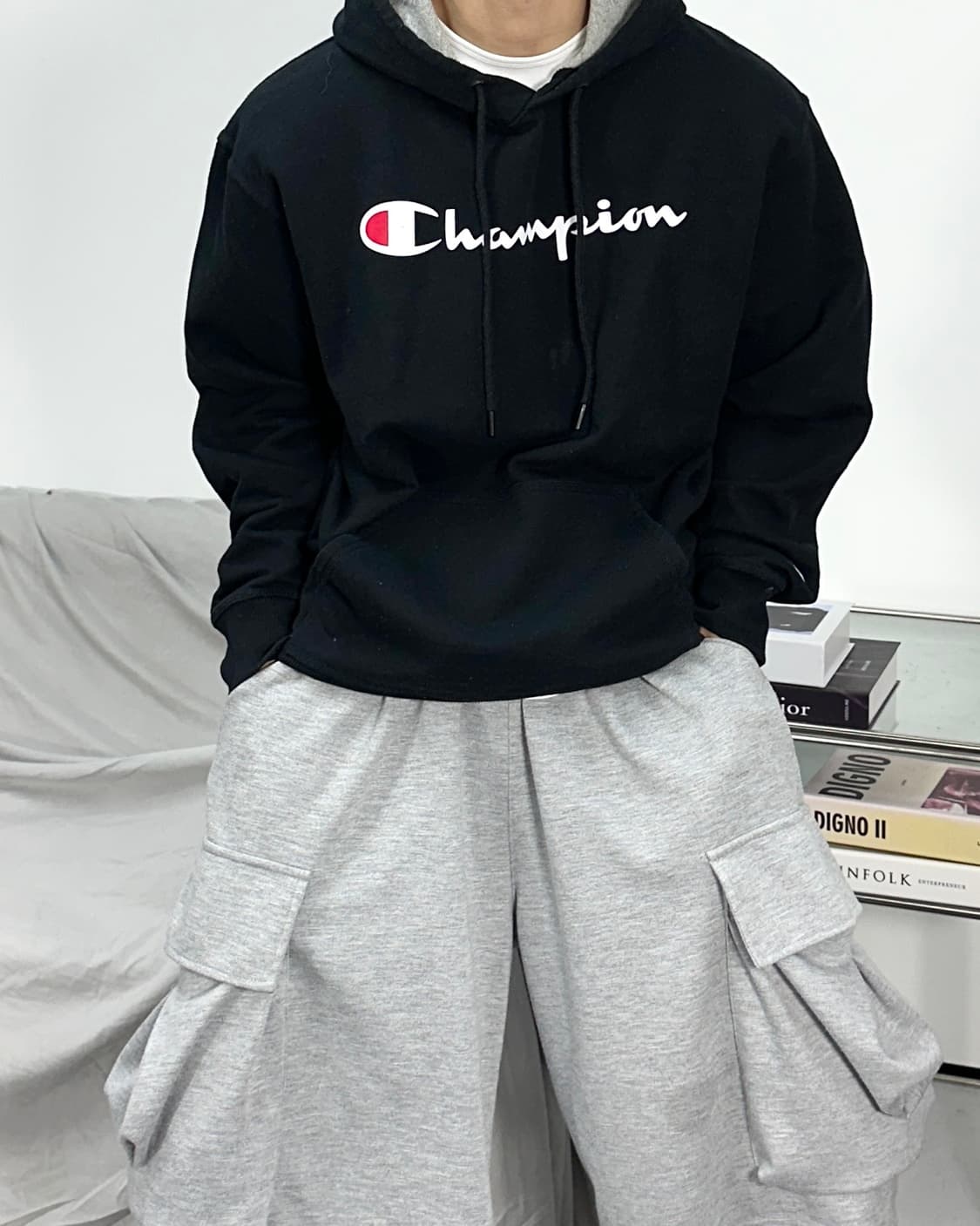 챔피온 빅로고 블랙 후드티 2XL 상품이미지1