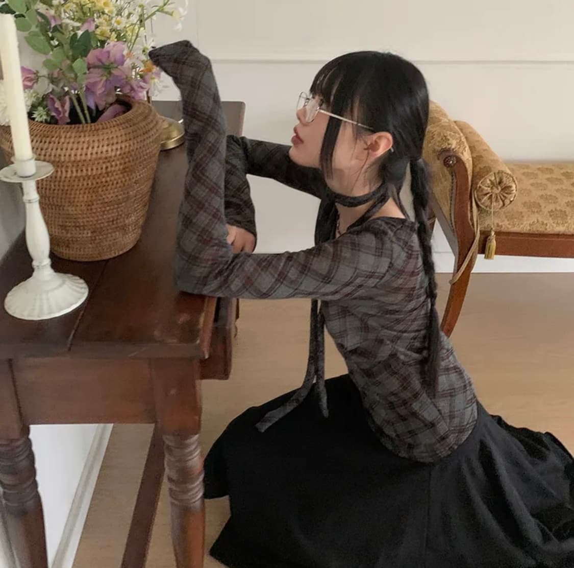 [스카프set] 펠드 체크 시스루 셔링 긴팔 티셔츠 상품이미지1