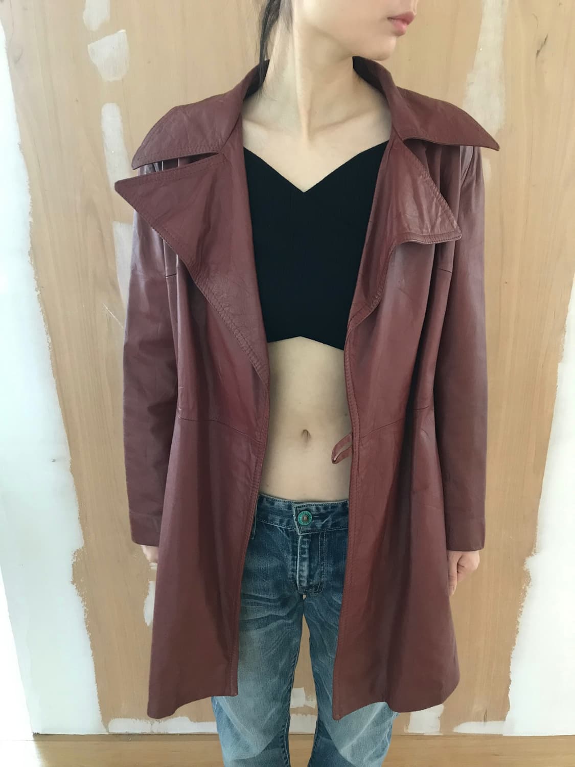 vintage burgundy belt leather jacket 상품이미지7