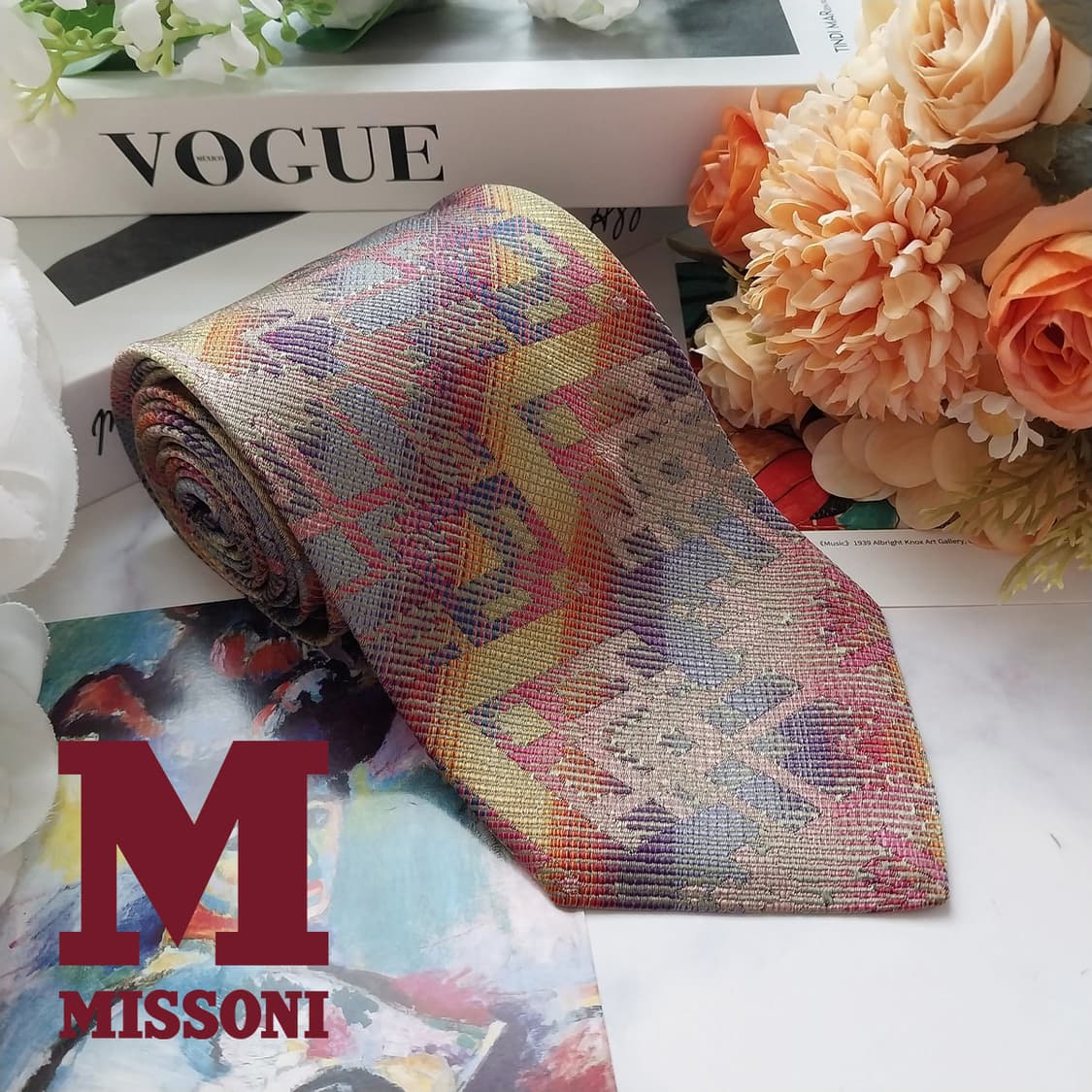 미쏘니 실크 오렌지믹스 기하학 패턴 넥타이 A+등급 9.2cm K1616 상품이미지1