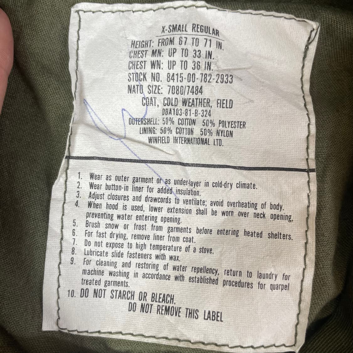 오리지널 미군 M-65 콜드 웨더 필드 카키 아샹 XS 상품이미지4