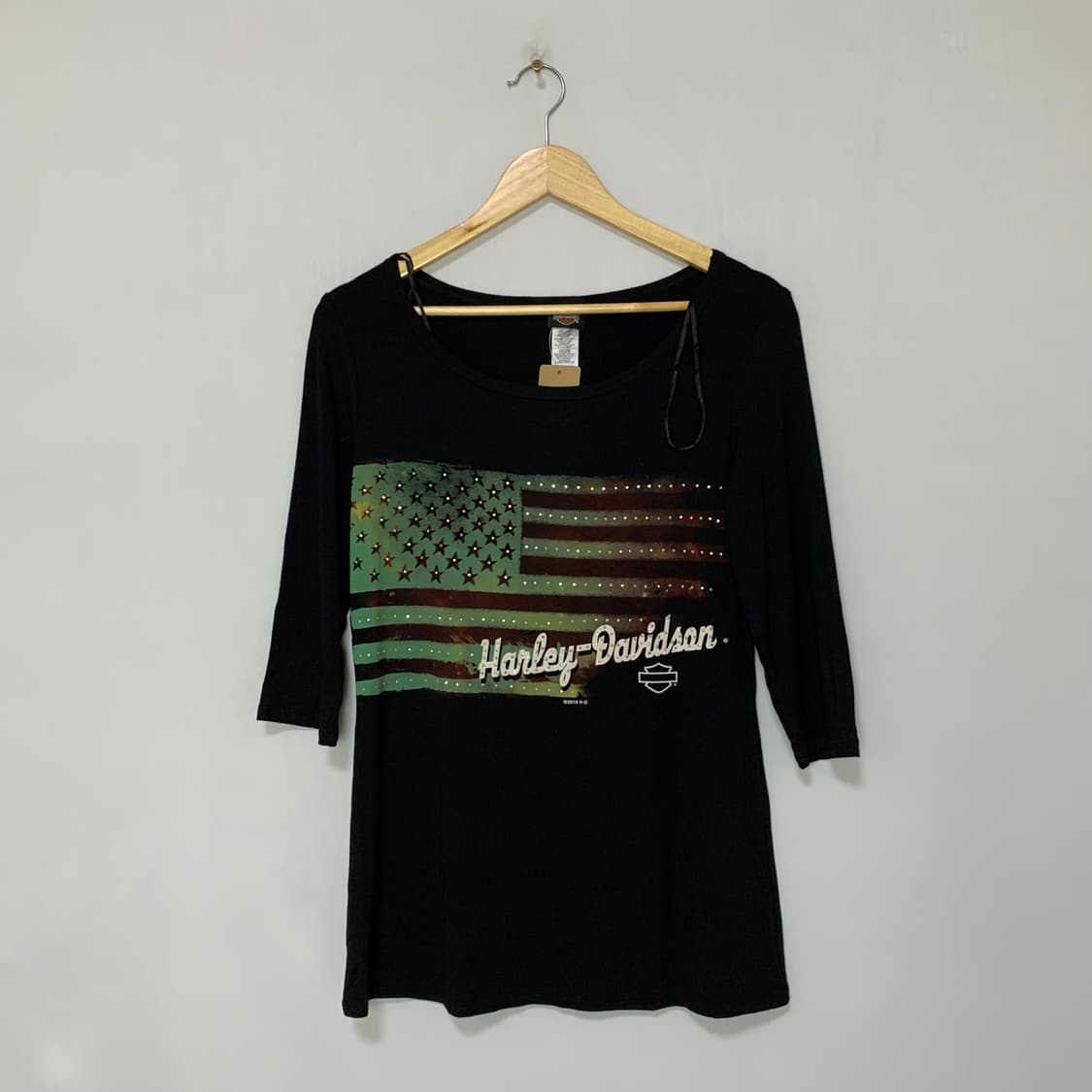 할리데이비슨 빈티지 성조기 큐빅 7부 소매 슬리브 티셔츠 M y2k 상품이미지3