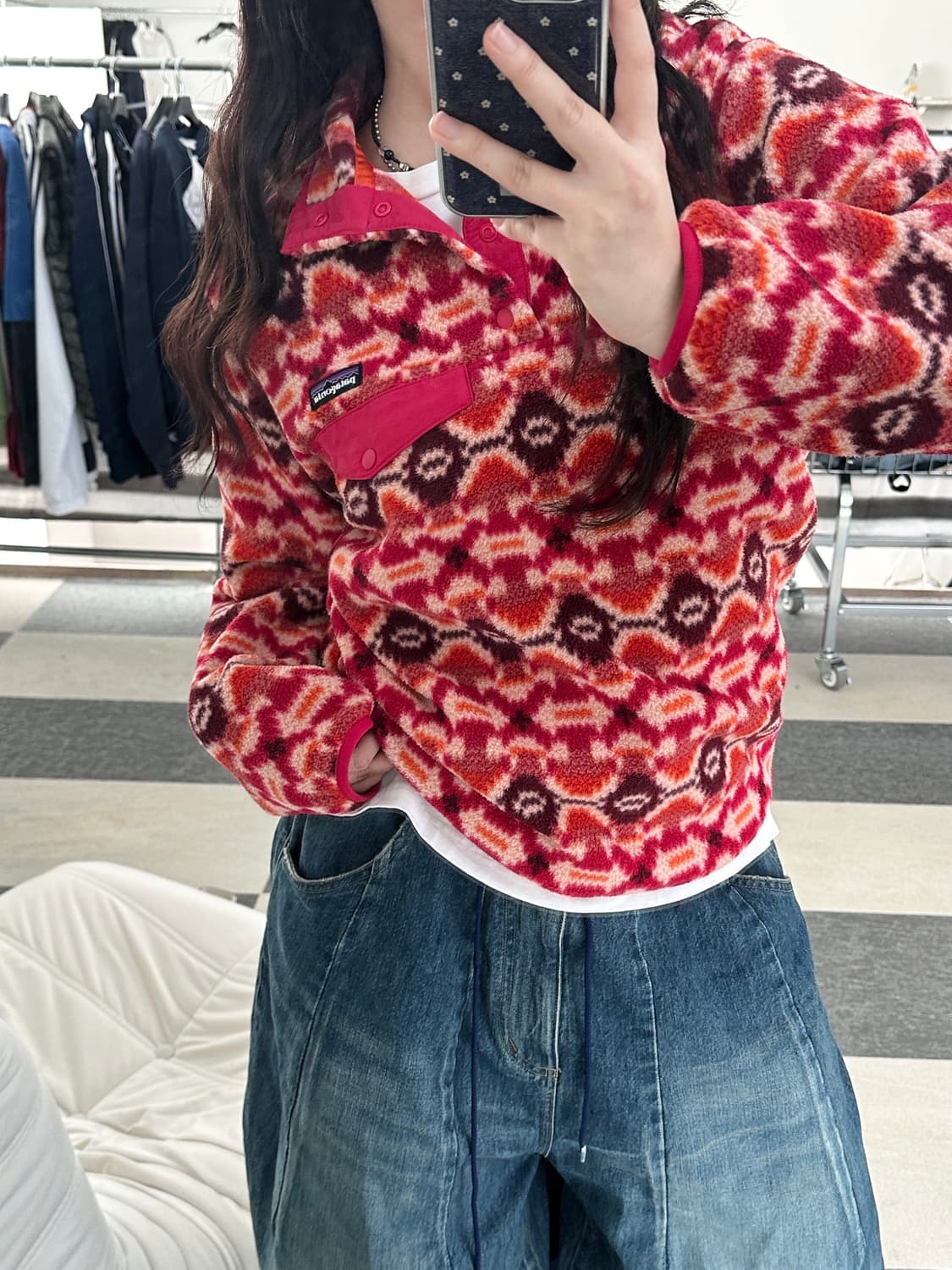 파타고니아 신칠라 레드 패턴 스냅 플리스 상품이미지4