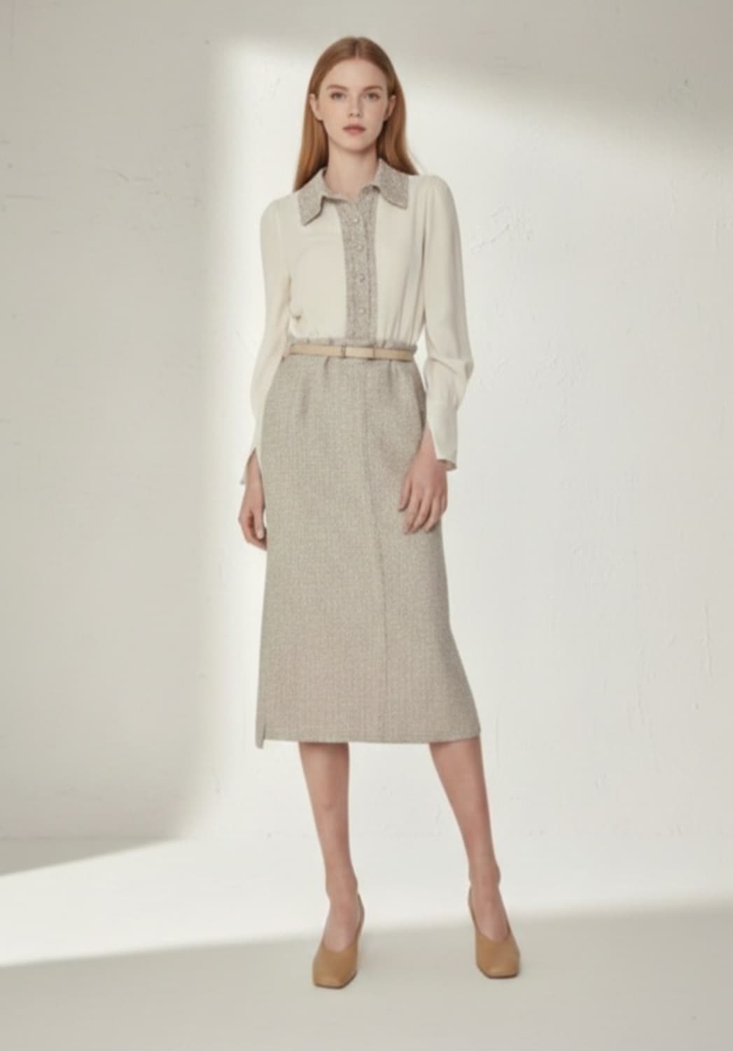 시스템 벨티드 텍스처블록 트위드 원피스 55사이즈 상품이미지2