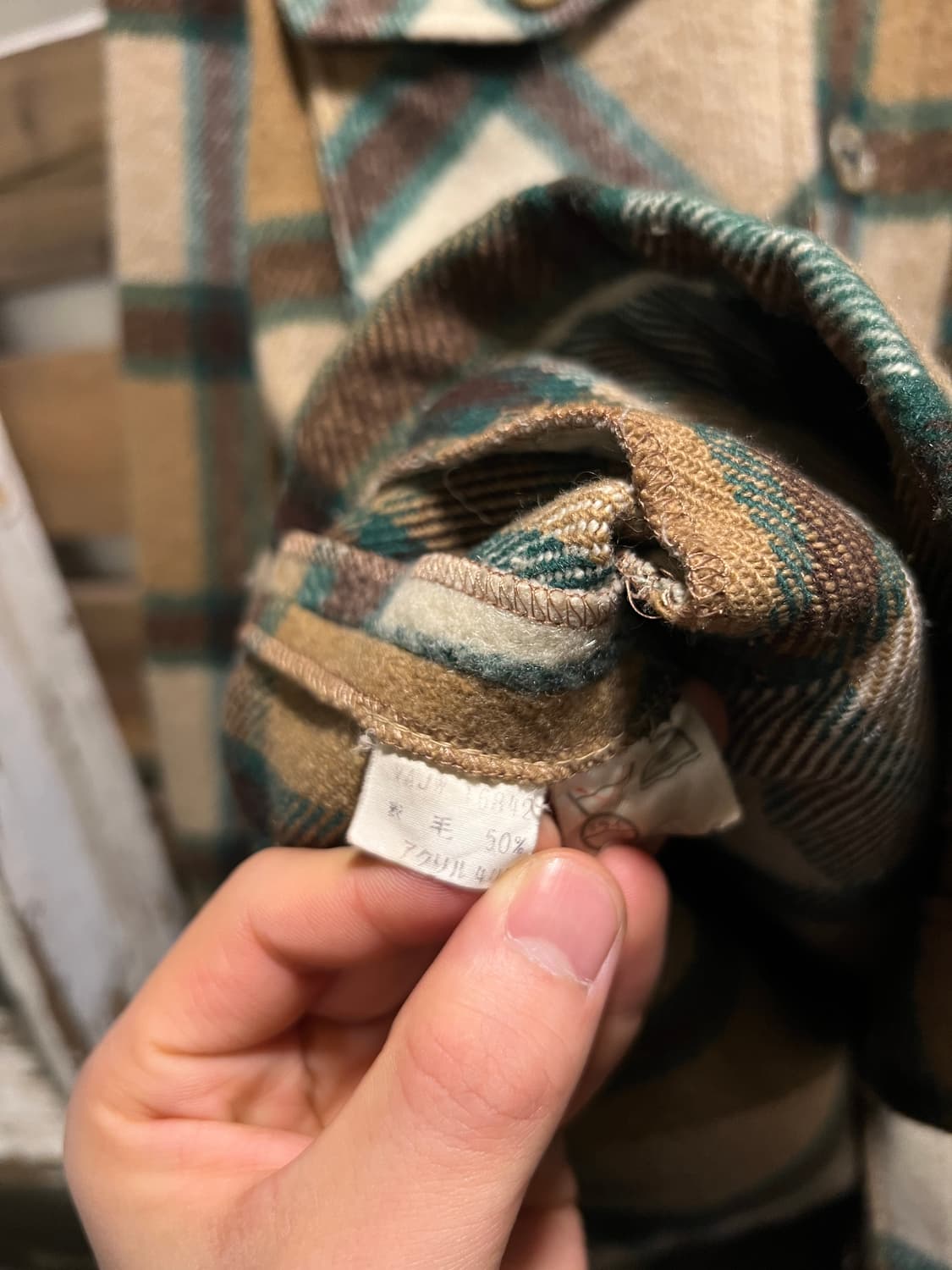 [M]90's 빈티지 베이지 타탄체크 울 셔츠 자켓 상품이미지6