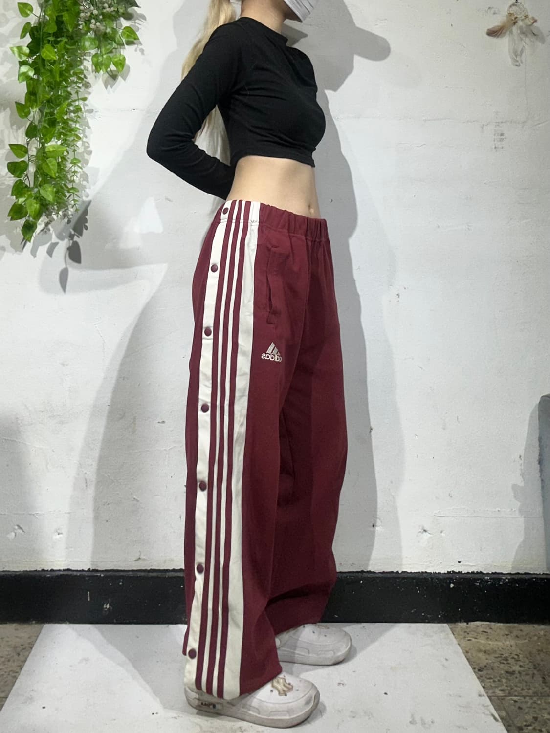 90s 아디다스 버건디 스냅 단추 화이트 삼선 와이드 트레이닝 바지 M 상품이미지1