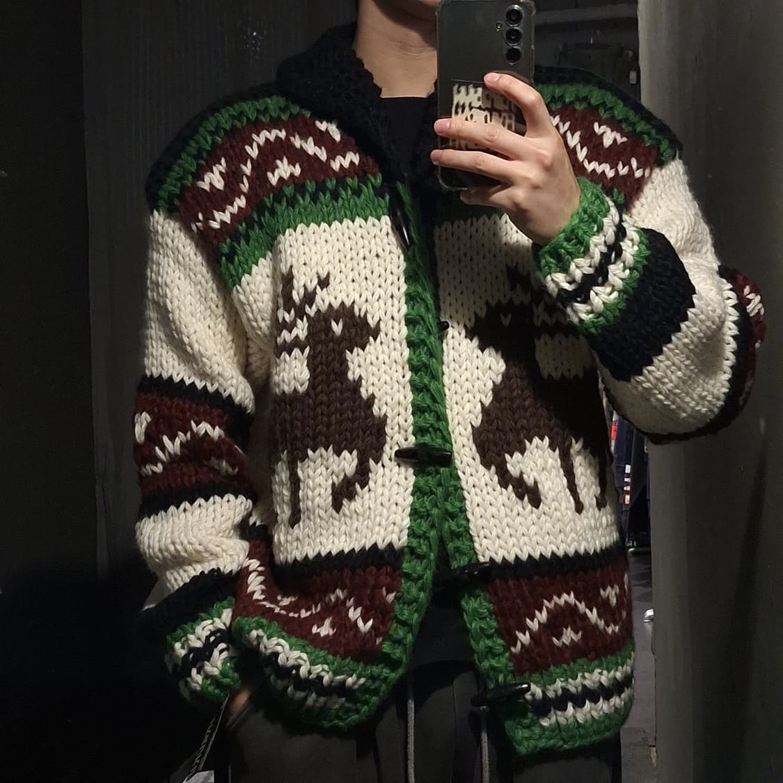 빈티지 아이보리 그린 멀티컬러 노르딕 패턴 숄카라 코위찬 니트 가디건 상품이미지1
