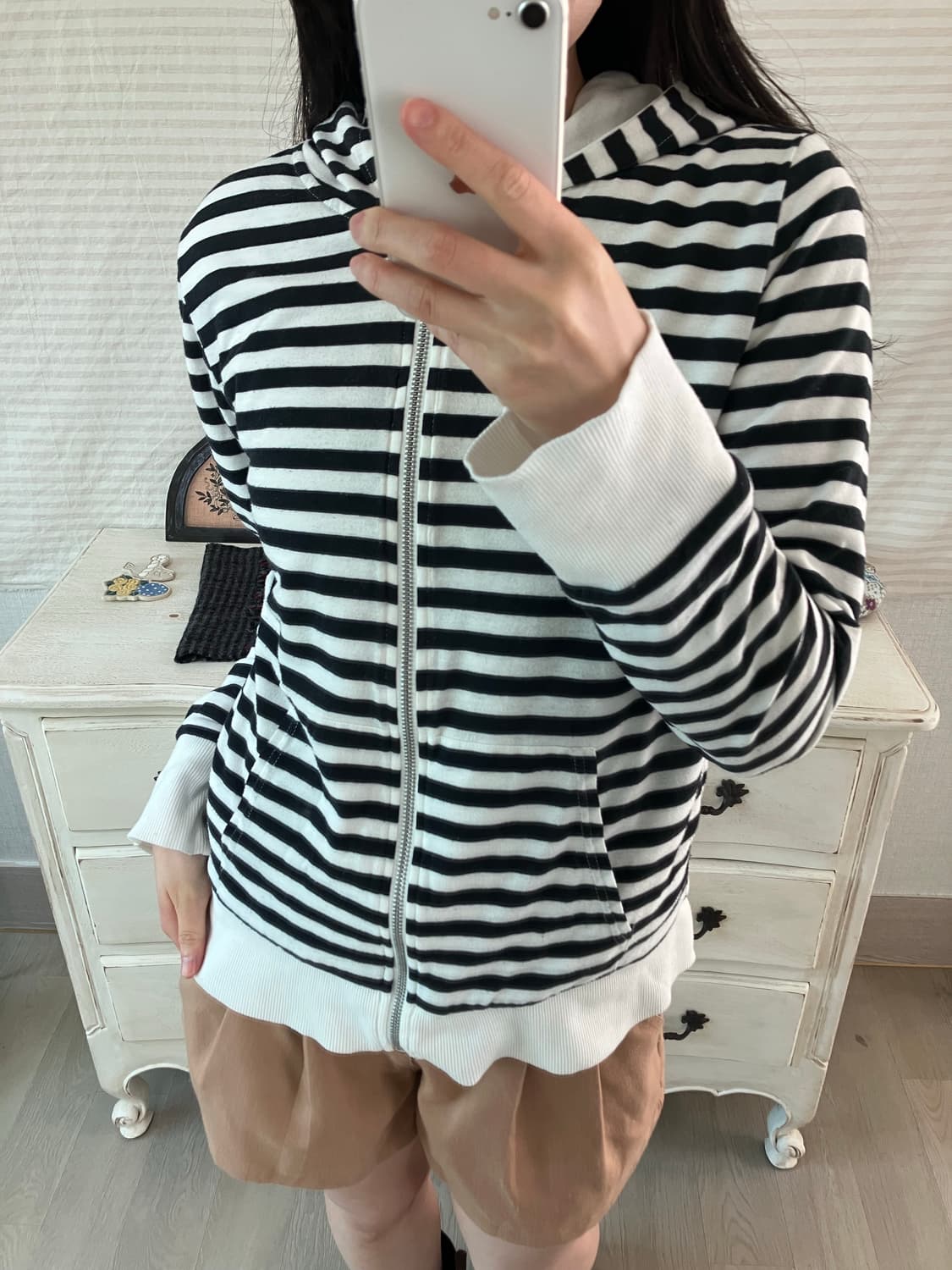 빈티지 블랙 화이트 스트라이프 후드 집업 y2k 스트릿 갸루 펑키  상품이미지3