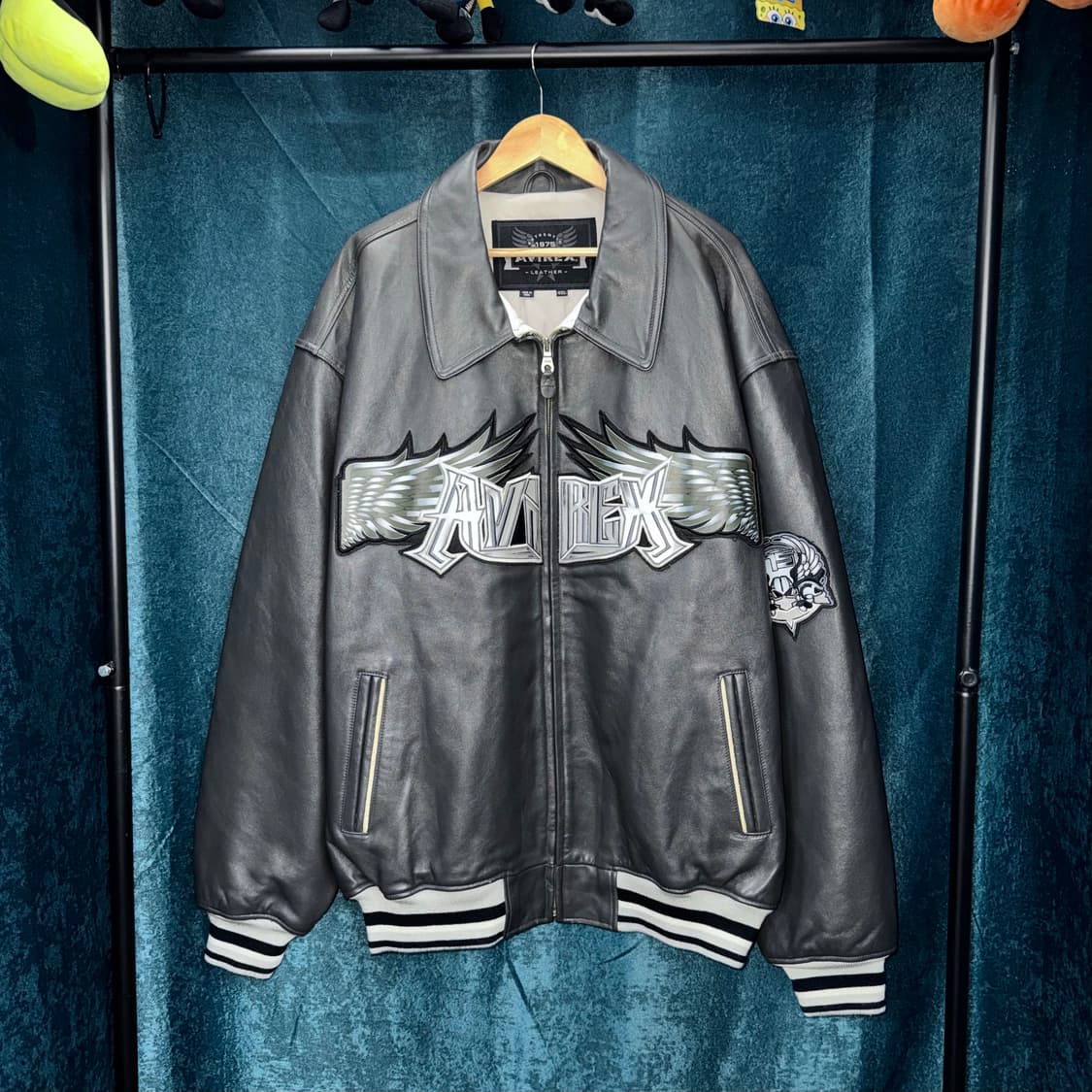 90s 아비렉스 NY 사이버 스컬 레더 바시티 자켓 (4XL)  상품이미지1