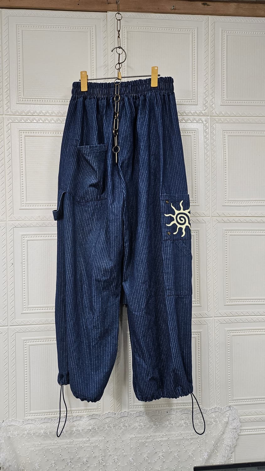 스트라이프 데님 밴딩 통바지 상품이미지3