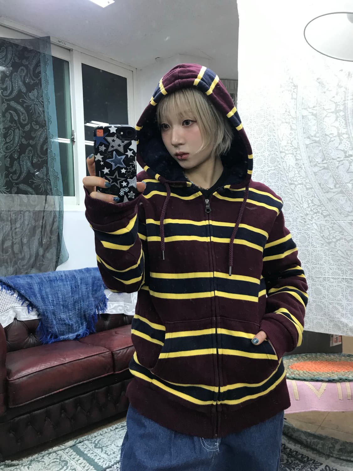 폴햄 스트라이프 양털 기모 후드집업  상품이미지1