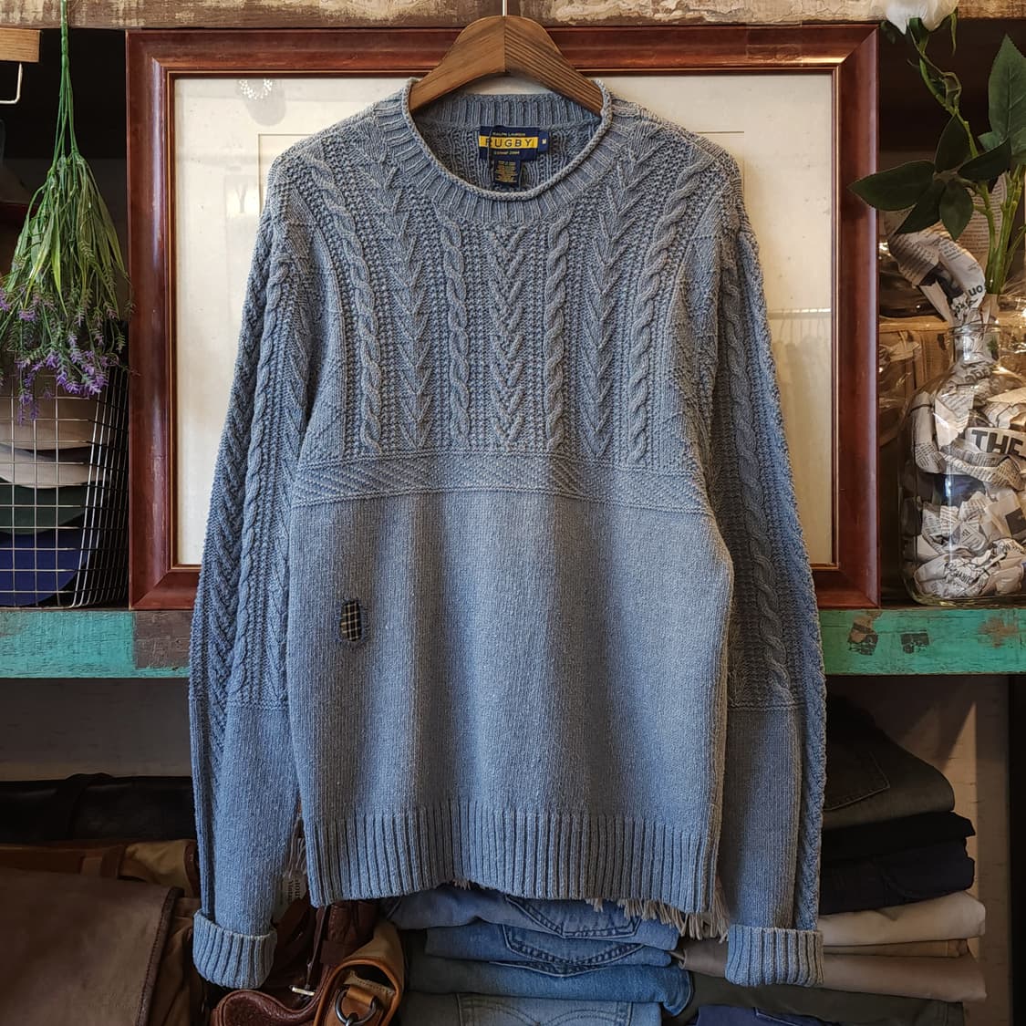 폴로 피셔맨 니트 데미지 디테일 패치워킹 인디고 블루 m 상품이미지1