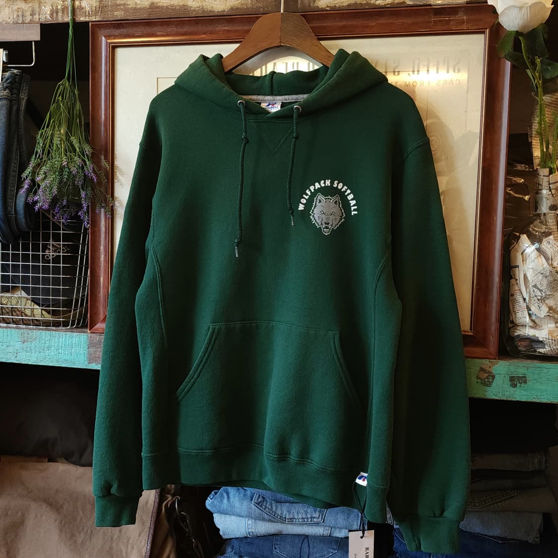 90s 러셀 후드 울프팩 빈티지 레터링 후드 스웻셔츠 그린 S 상품이미지2