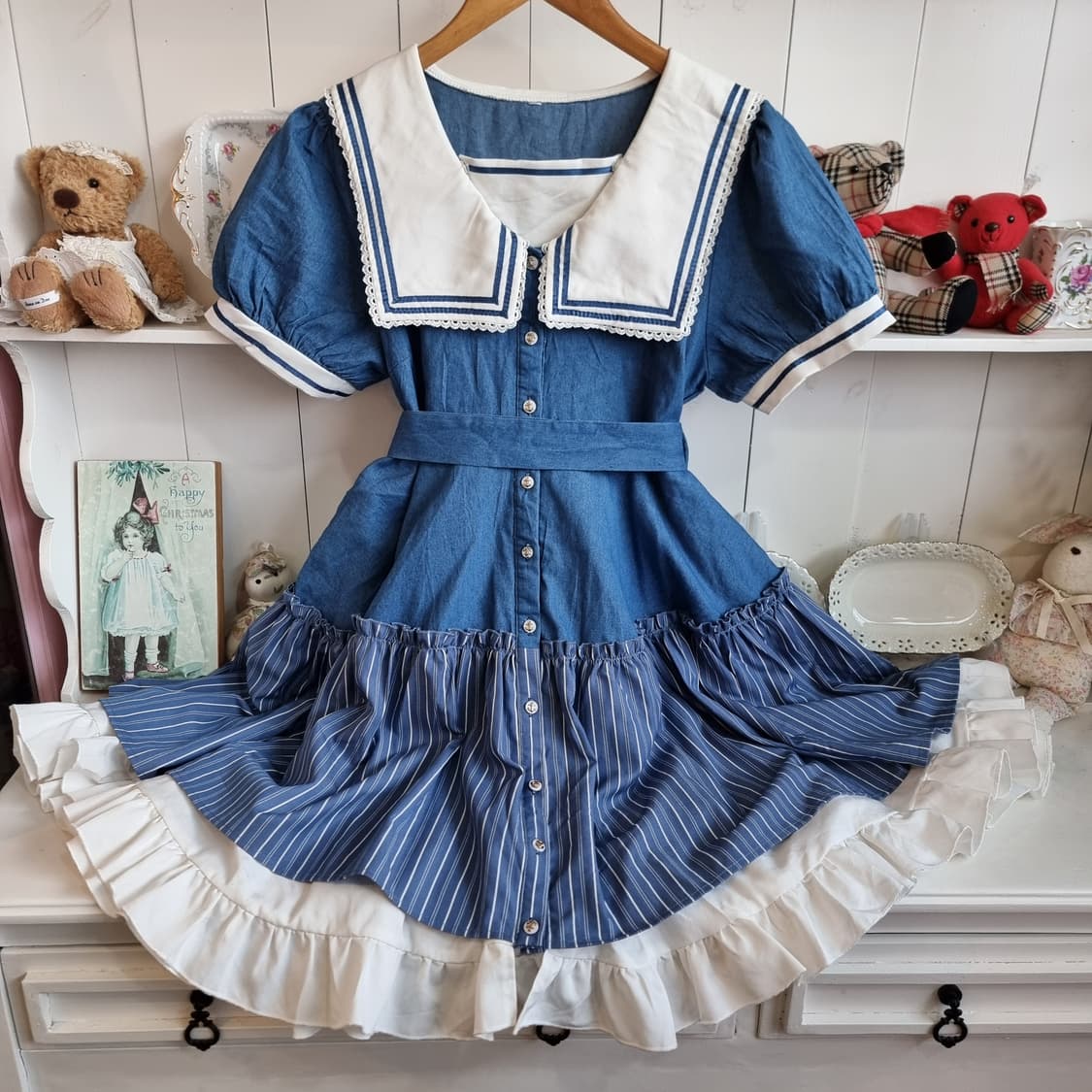 데님 세일러 원피스 청색 스트라이프 프릴 상품이미지4