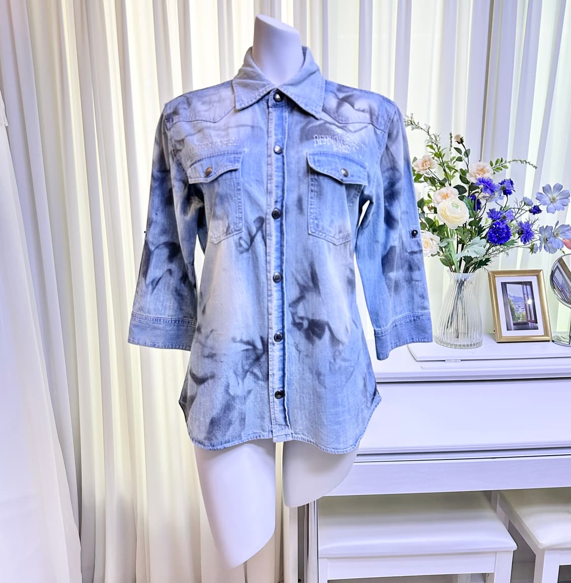 Bernings-Sho 버닝 쇼 블리치 자수 데님셔츠 상품이미지1