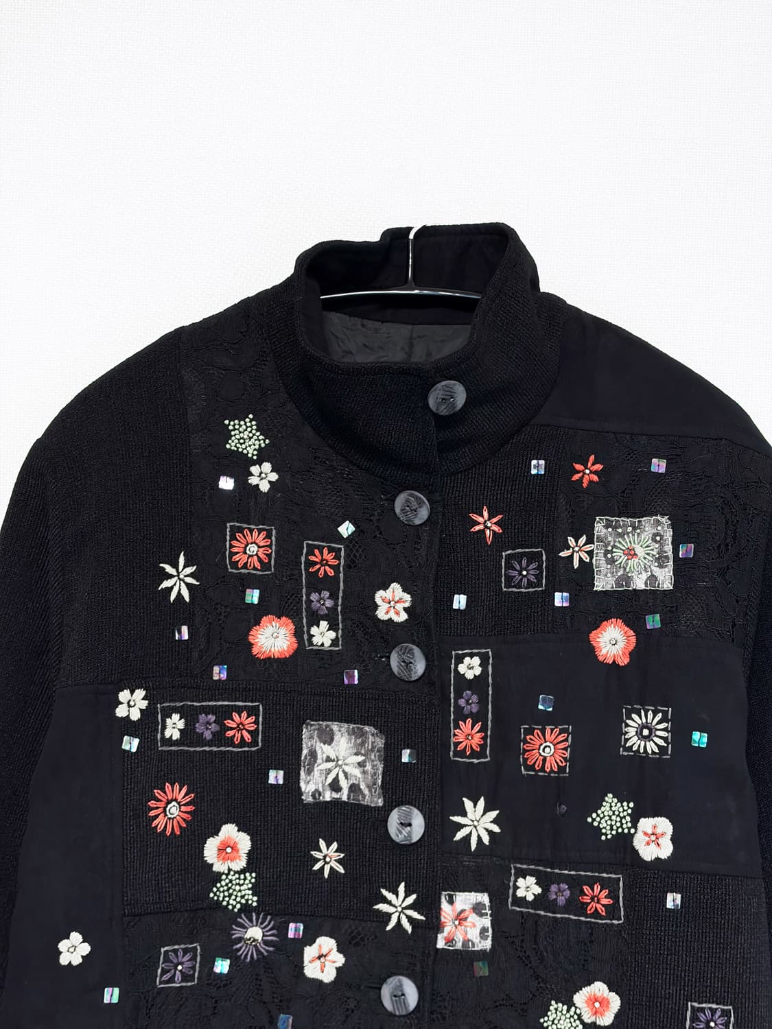 Floral Patchwork Knit Blouson - Black 상품이미지5