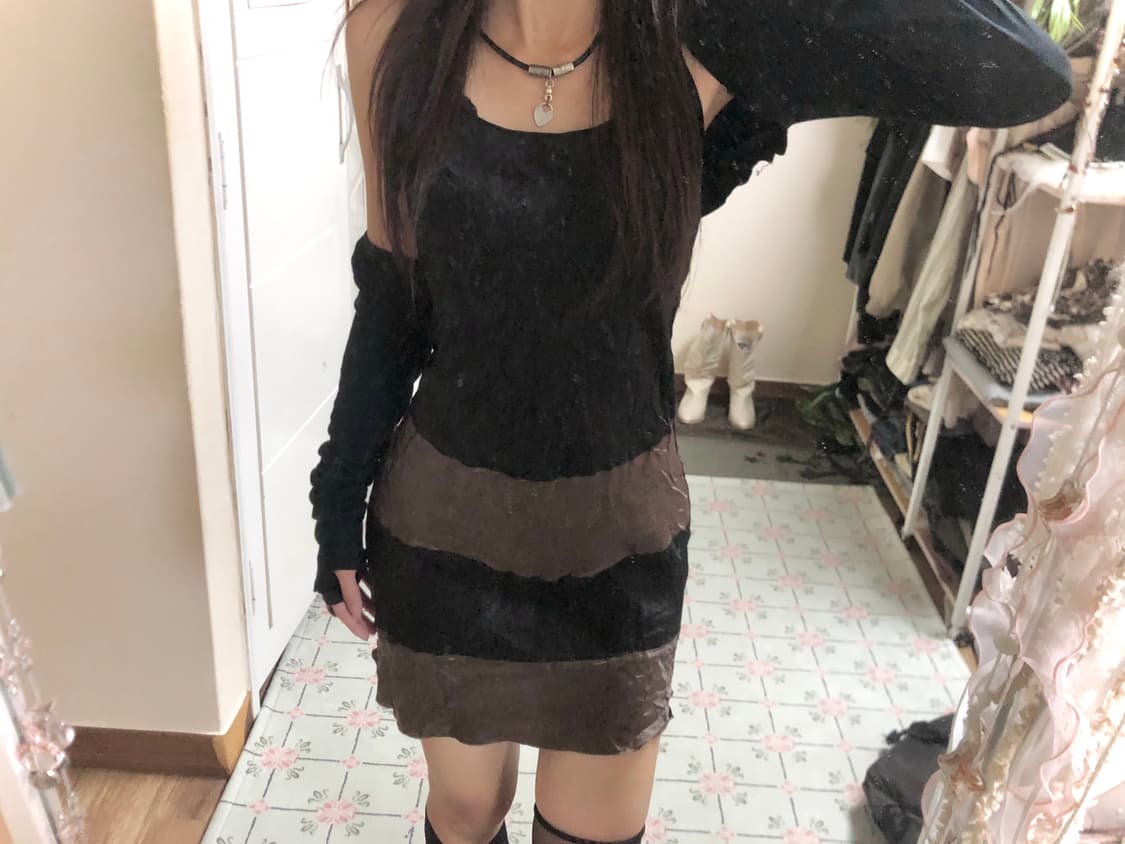 실크 배색 원피스 상품이미지1