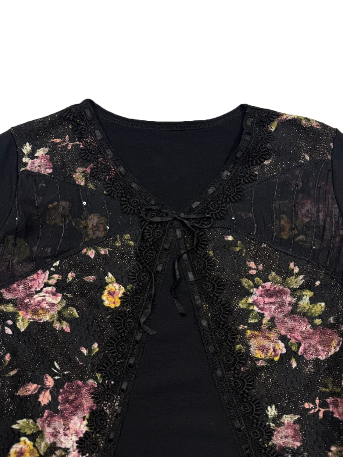 빈티지 블랙 시스루 로즈 리본 긴팔 블라우스 상품이미지2