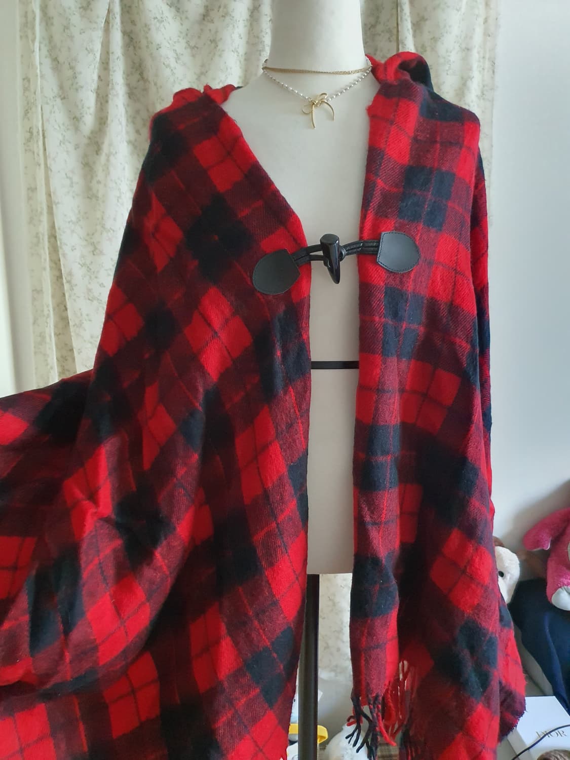 [모리걸] 레드 체크 후드 망토 숄 상품이미지2