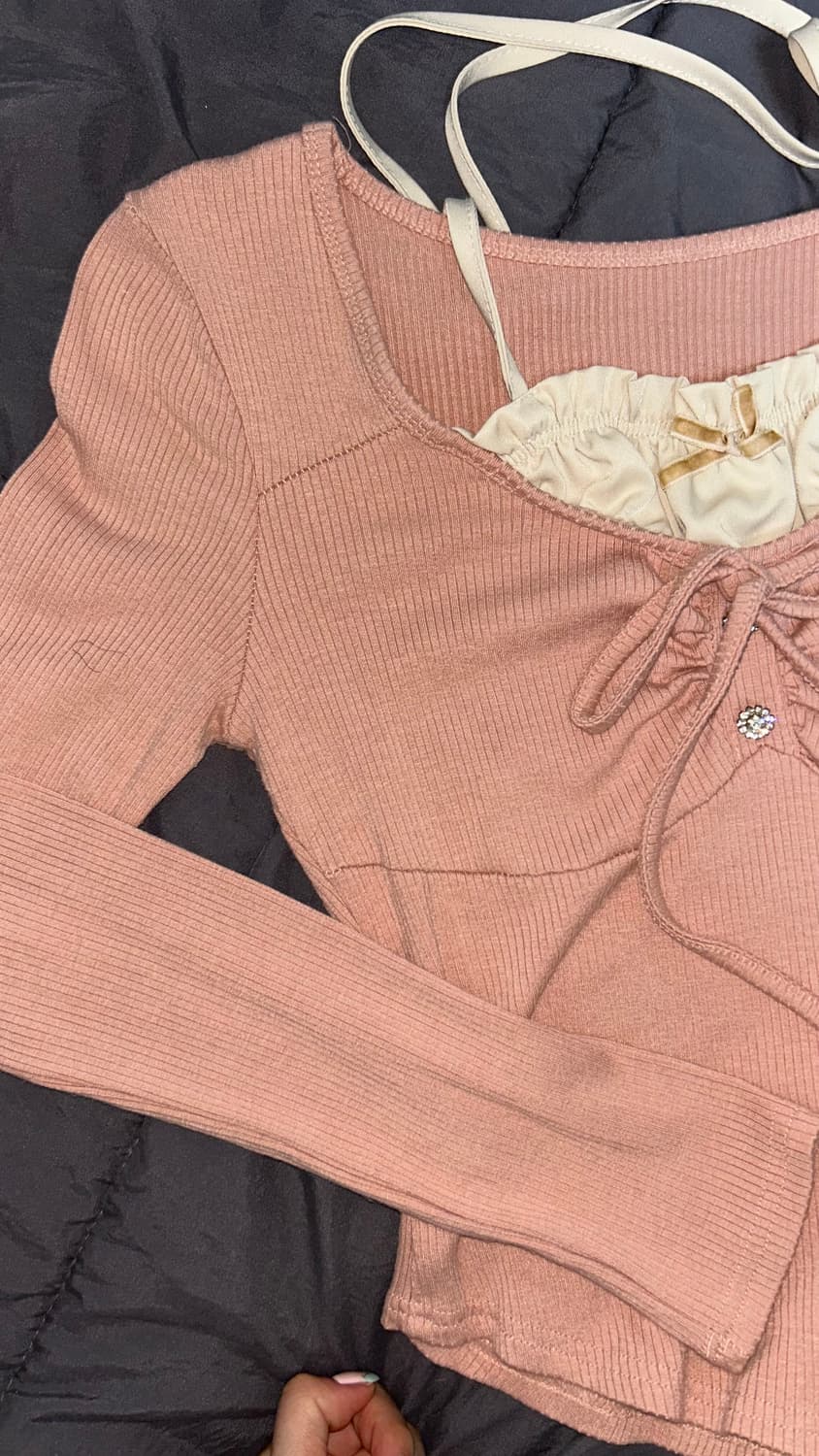 빈티지 히메갸루 핑크 핀터깔 큐빅 홀터넥 로걀탑 긴팔티 상품이미지2