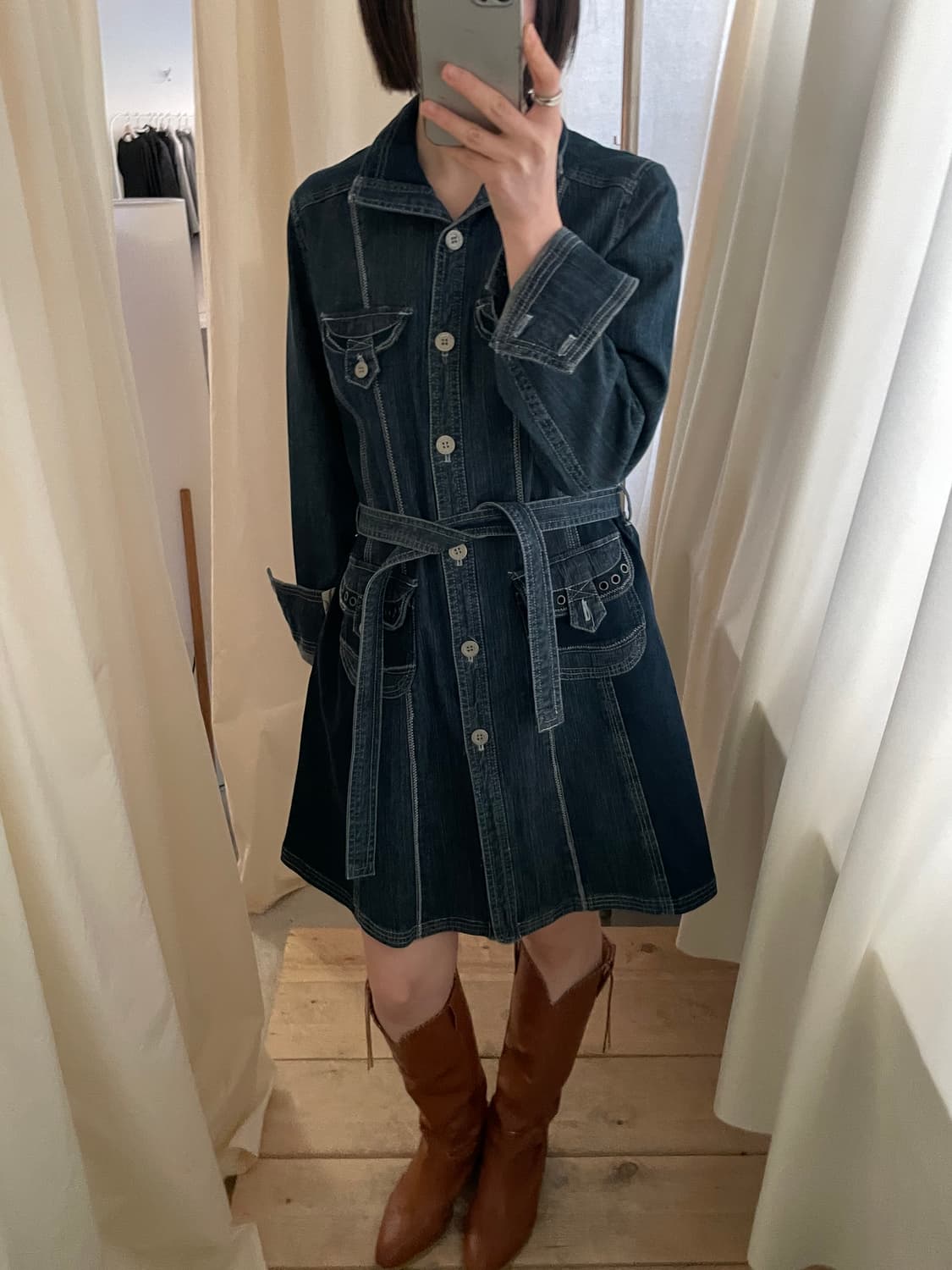 dark wash denim belted dress 상품이미지10