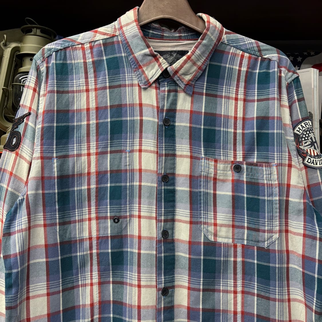 00s 할리데이비슨 아메리칸 슬리브패치 트윌코튼 체크 바이커셔츠 N197 상품이미지3