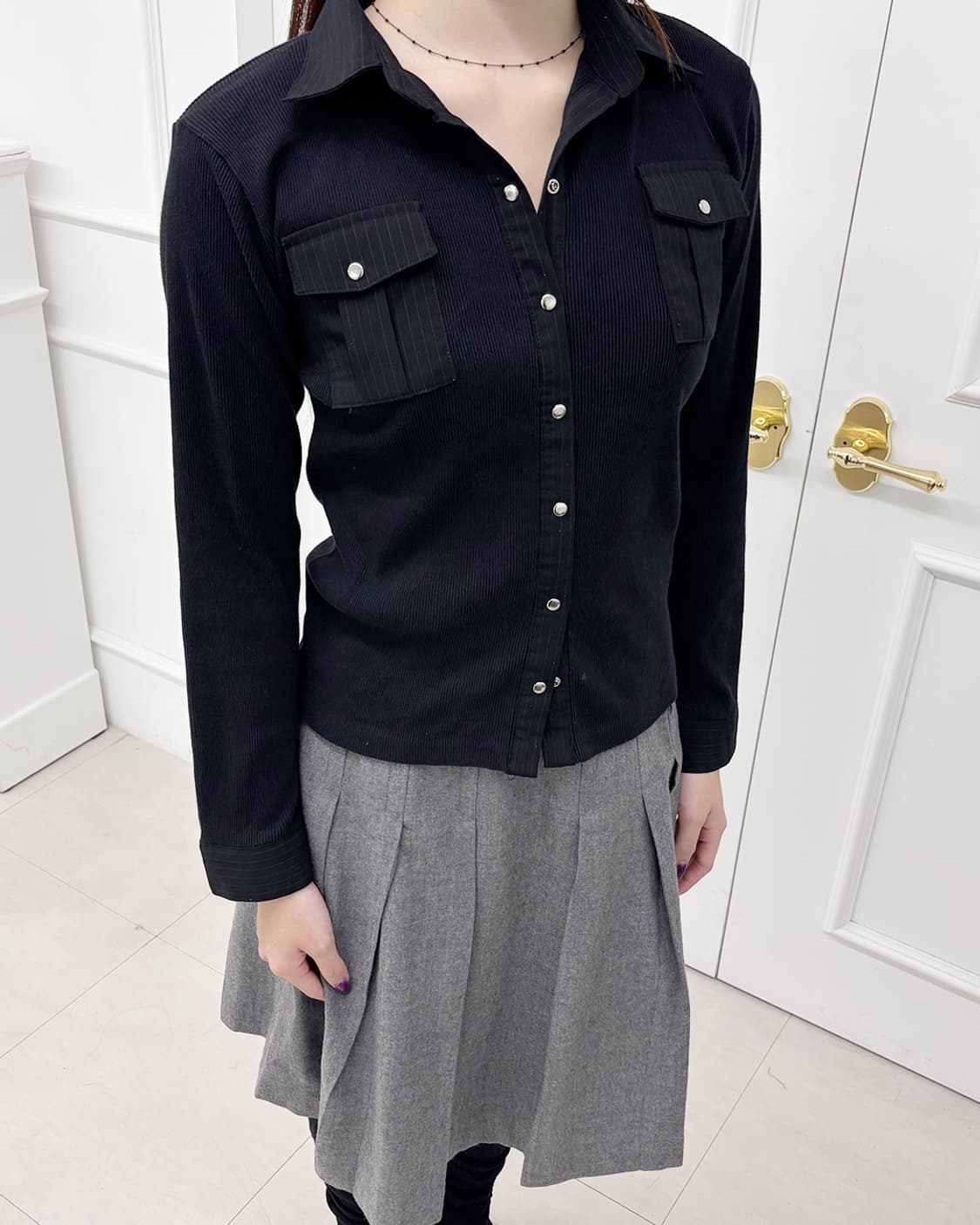 SENSUOUS stripe point ribbed snap top 상품이미지1