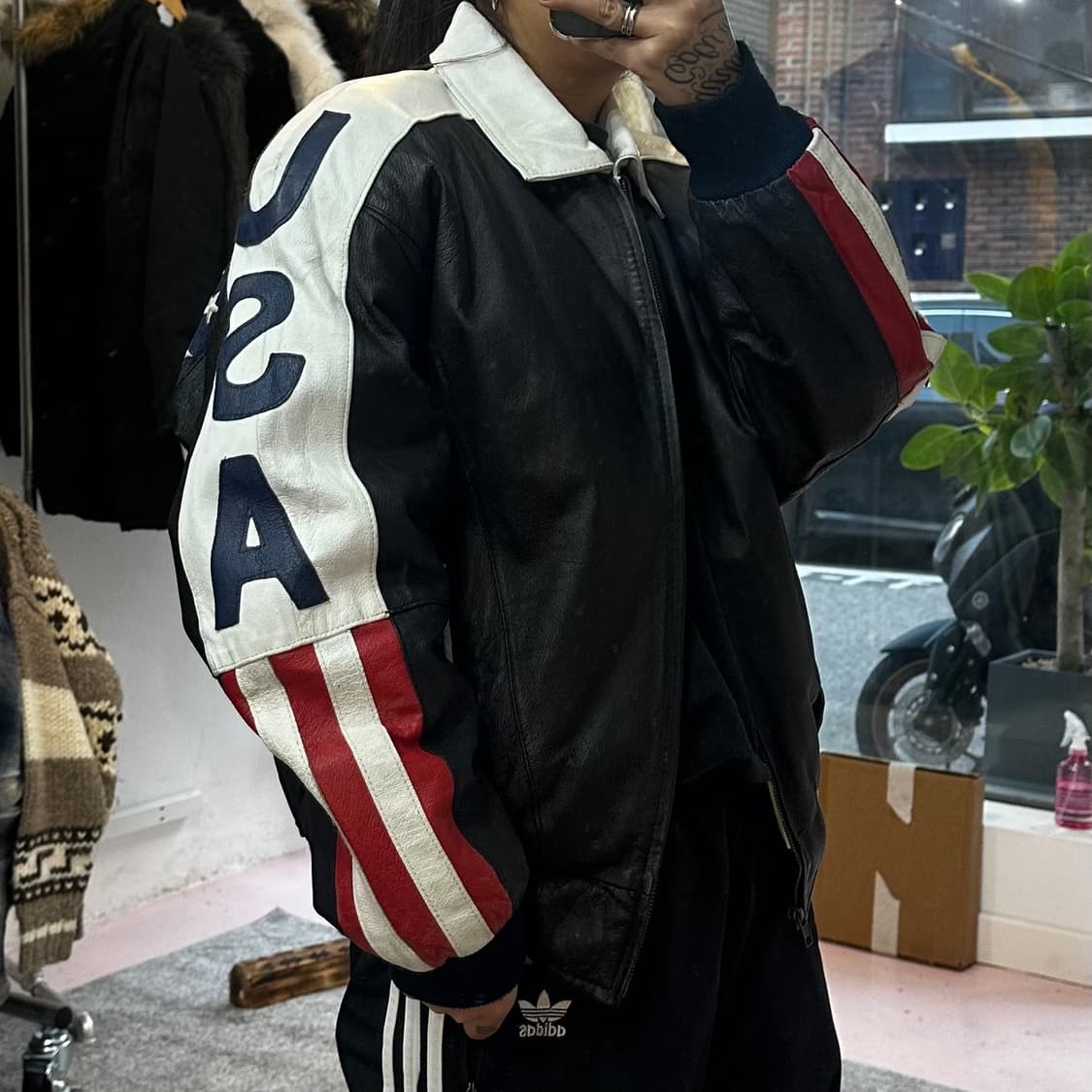 USA 빈티지 성조기 가죽 봄버 자켓L 상품이미지9