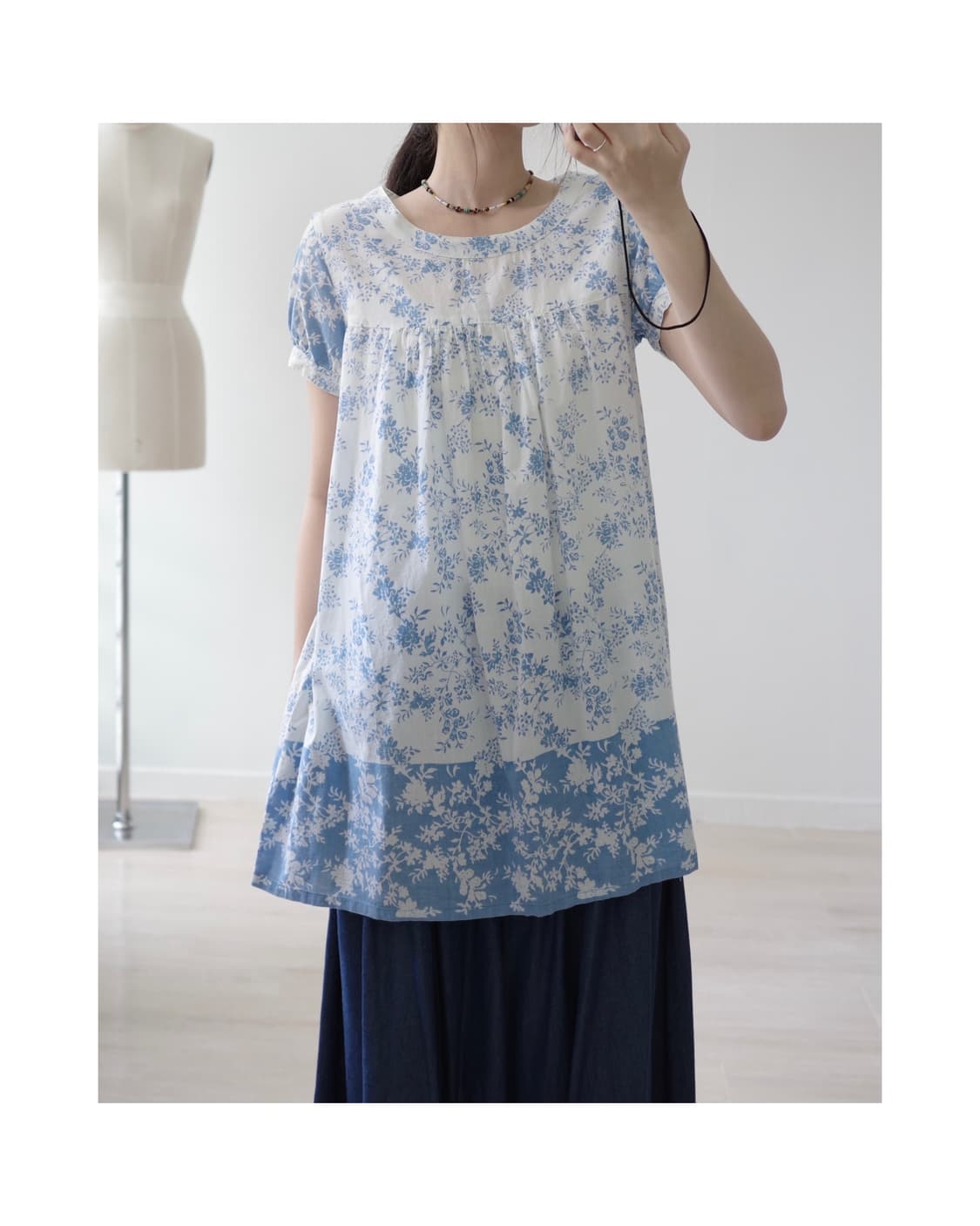 Pyumosso blue&white flower smock dress 상품이미지3