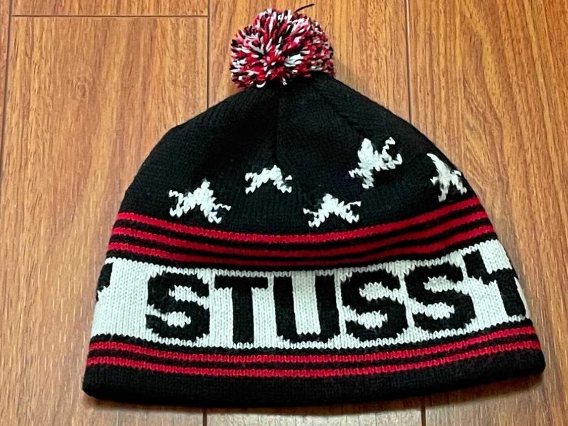 90s 빈티지 스투시 스타 패턴 폼폼 비니 블랙/레드 상품이미지1