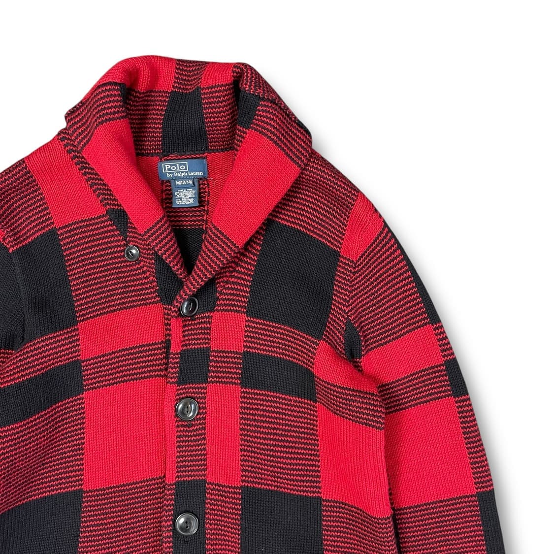 폴로 랄프로렌 레드블랙 체크 숄카라 니트 가디건 M(12-14) 상품이미지3