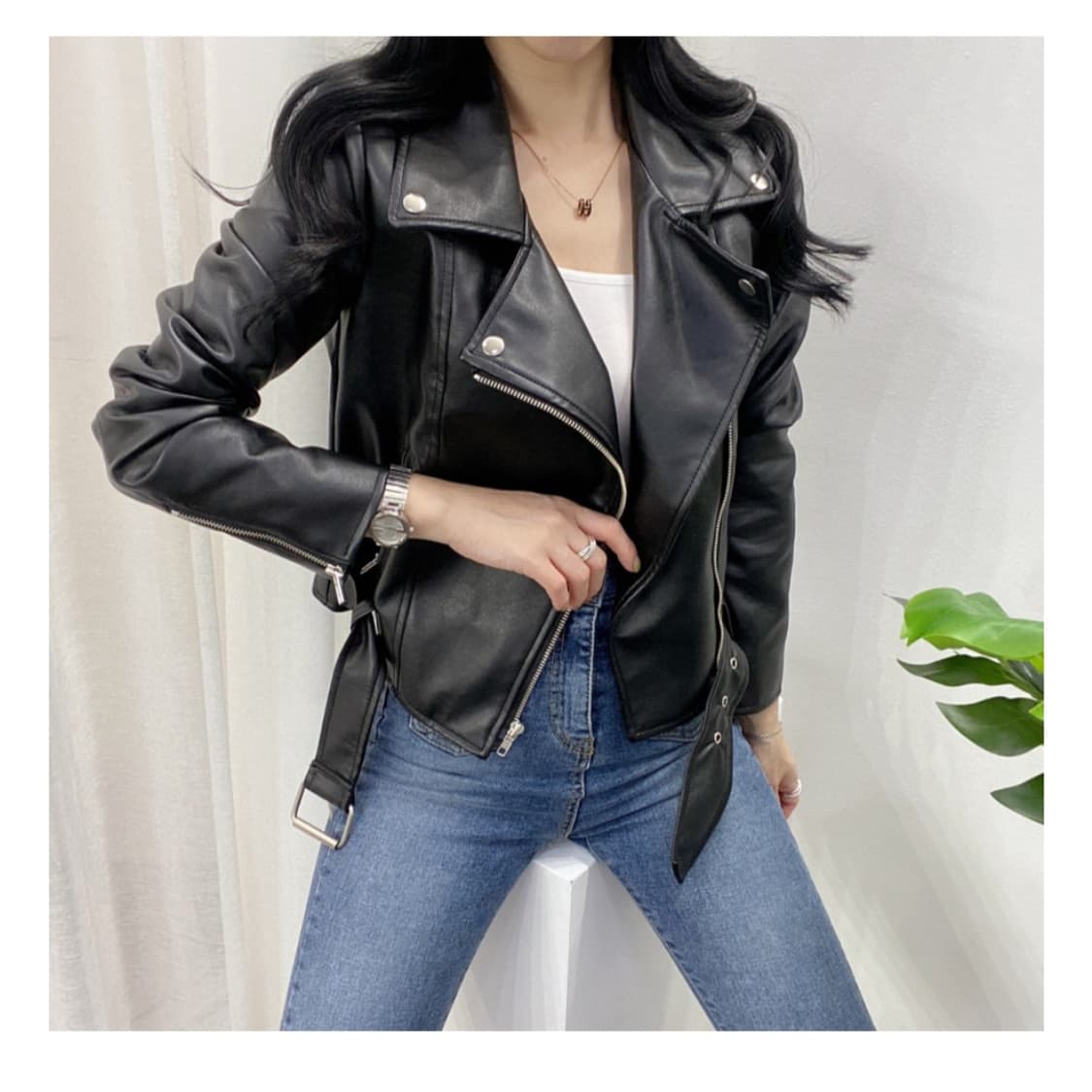 여성 슬림 블랙 래더 자켓s 상품이미지1