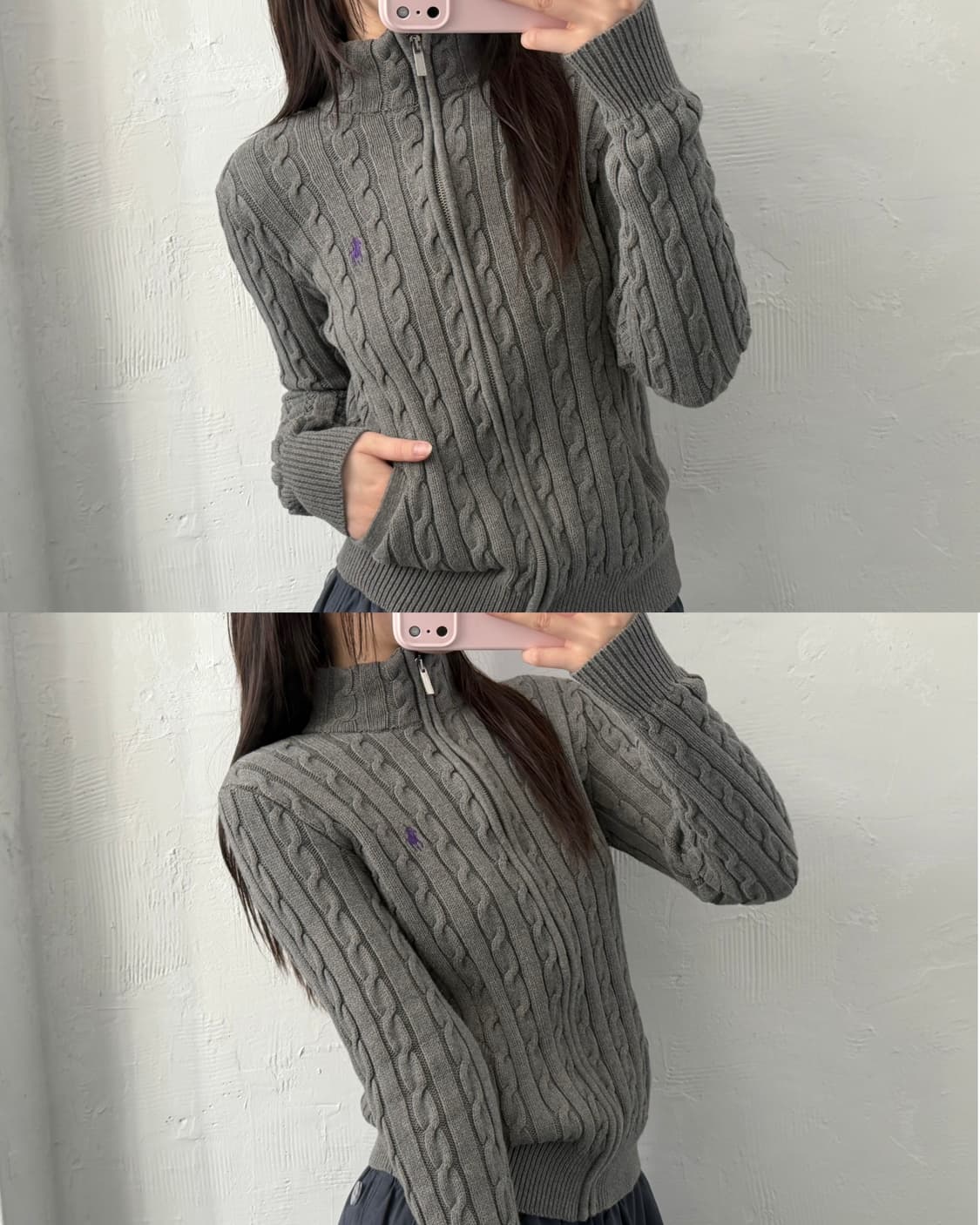 Polo 랄프로렌 우먼 코튼 그레이컬러 케이블 니트집업 상품이미지3