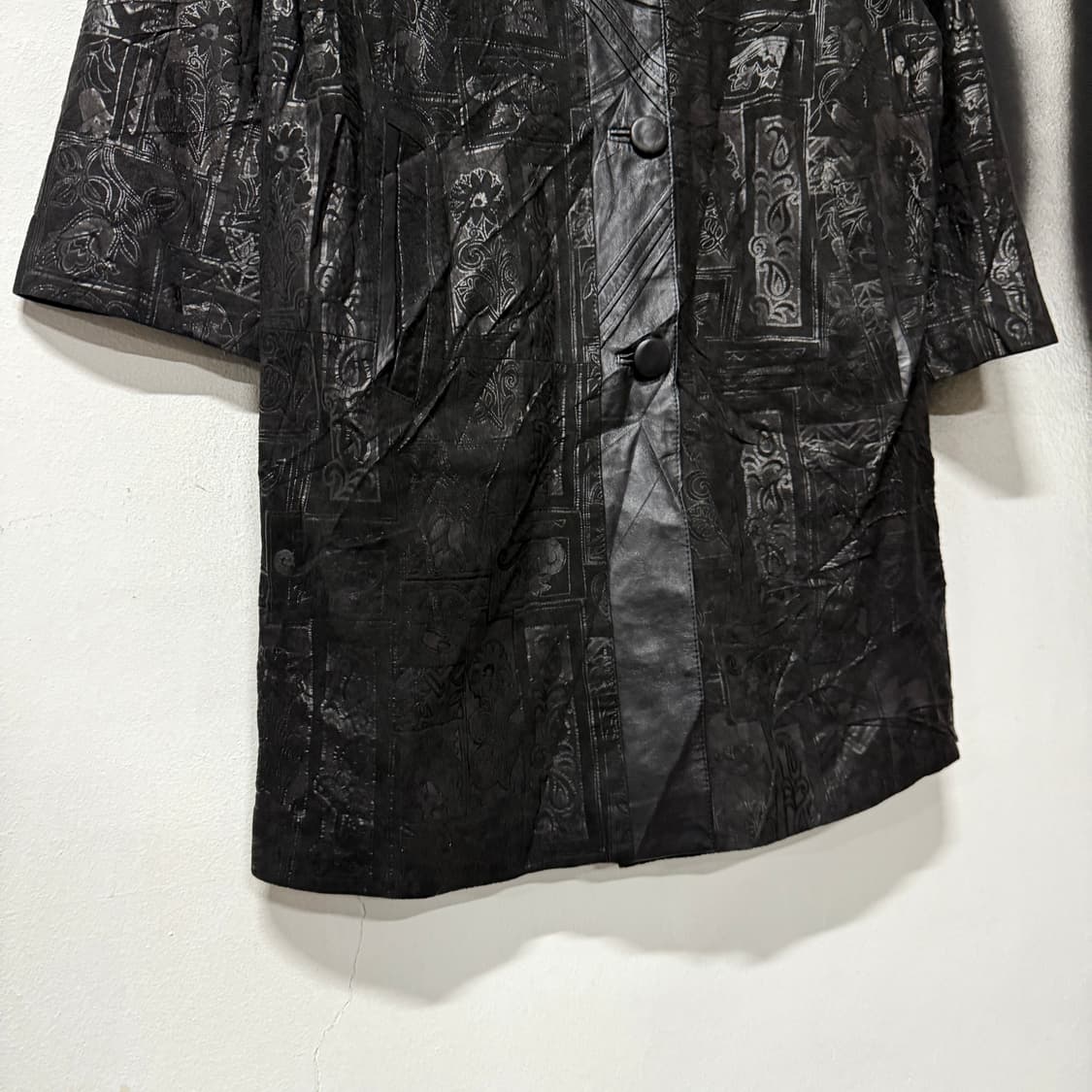 VTG 빈티지 100% 쉽스킨 오픈 카라 에스닉 패턴 양가죽 코트 상품이미지4