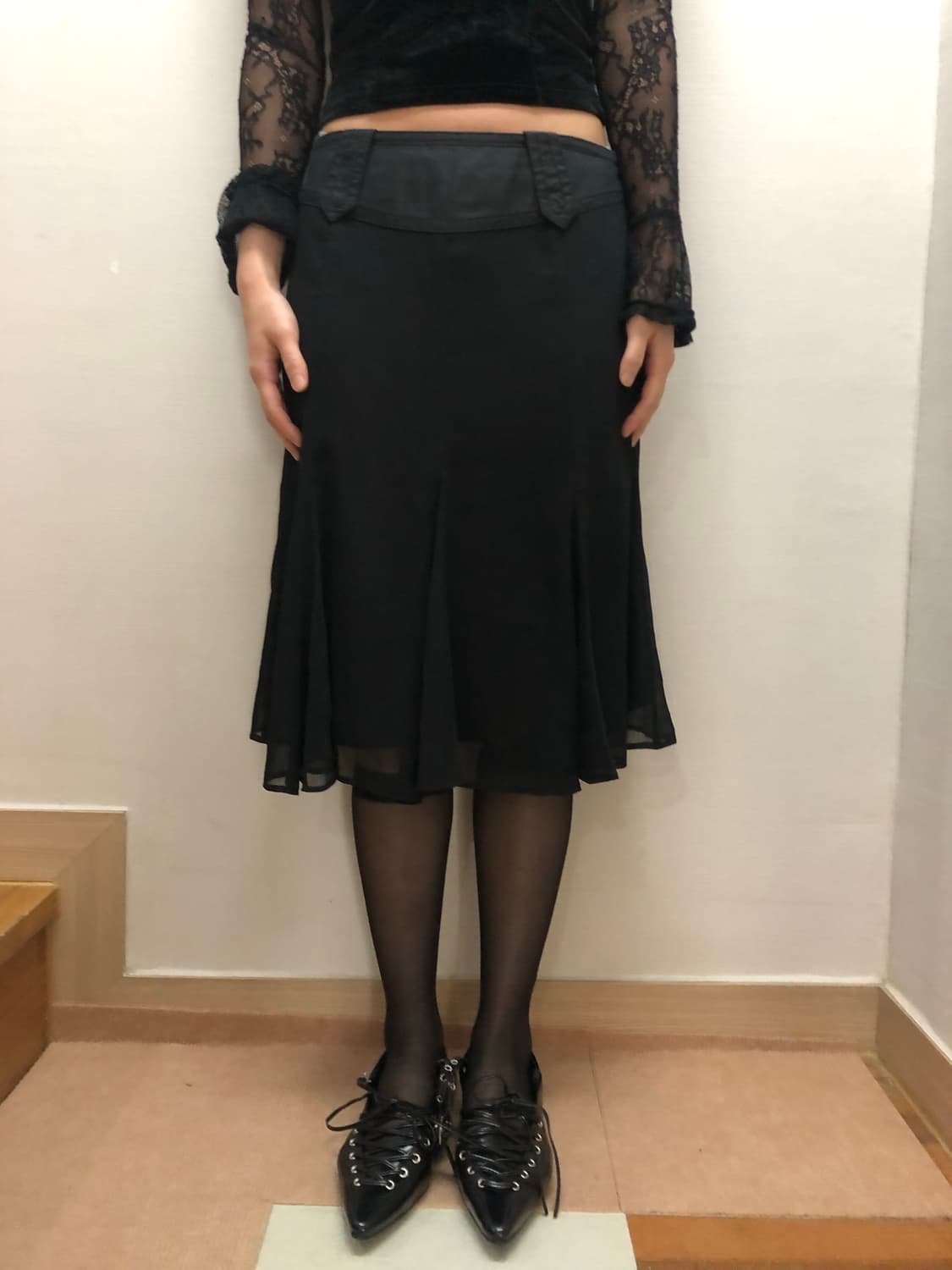 빈티지 블랙 쉬폰 미디 스커트 상품이미지4