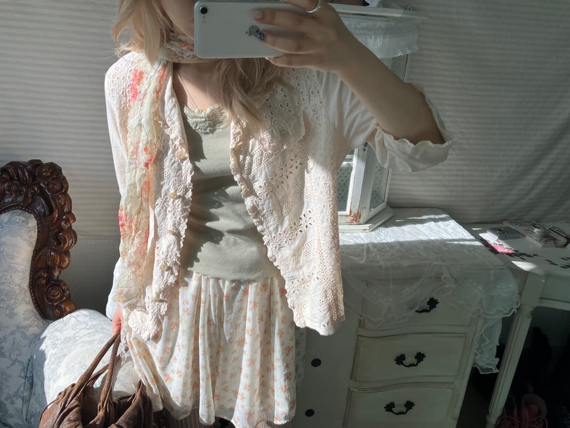 Set)레이스 펀칭자켓 + 플로럴 머플러 + 민트 그린 나시 상품이미지6