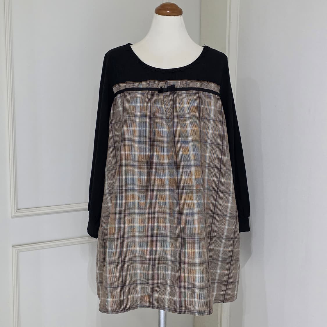 일본빈티지)블랙x브라운 체크 레이어드 플레어 레이스 로리타 로맨틱 원피스 상품이미지2