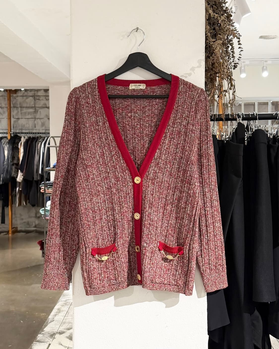 셀린느 레드 퓨어울 금장 버튼 브이넥 가디건 상품이미지1