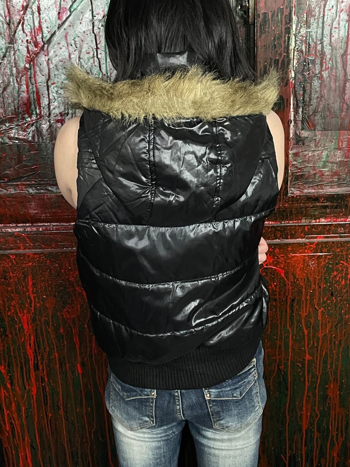일본 빈티지 울프죠 퍼 후드 갸루 패딩조끼 베스트 L 상품이미지3