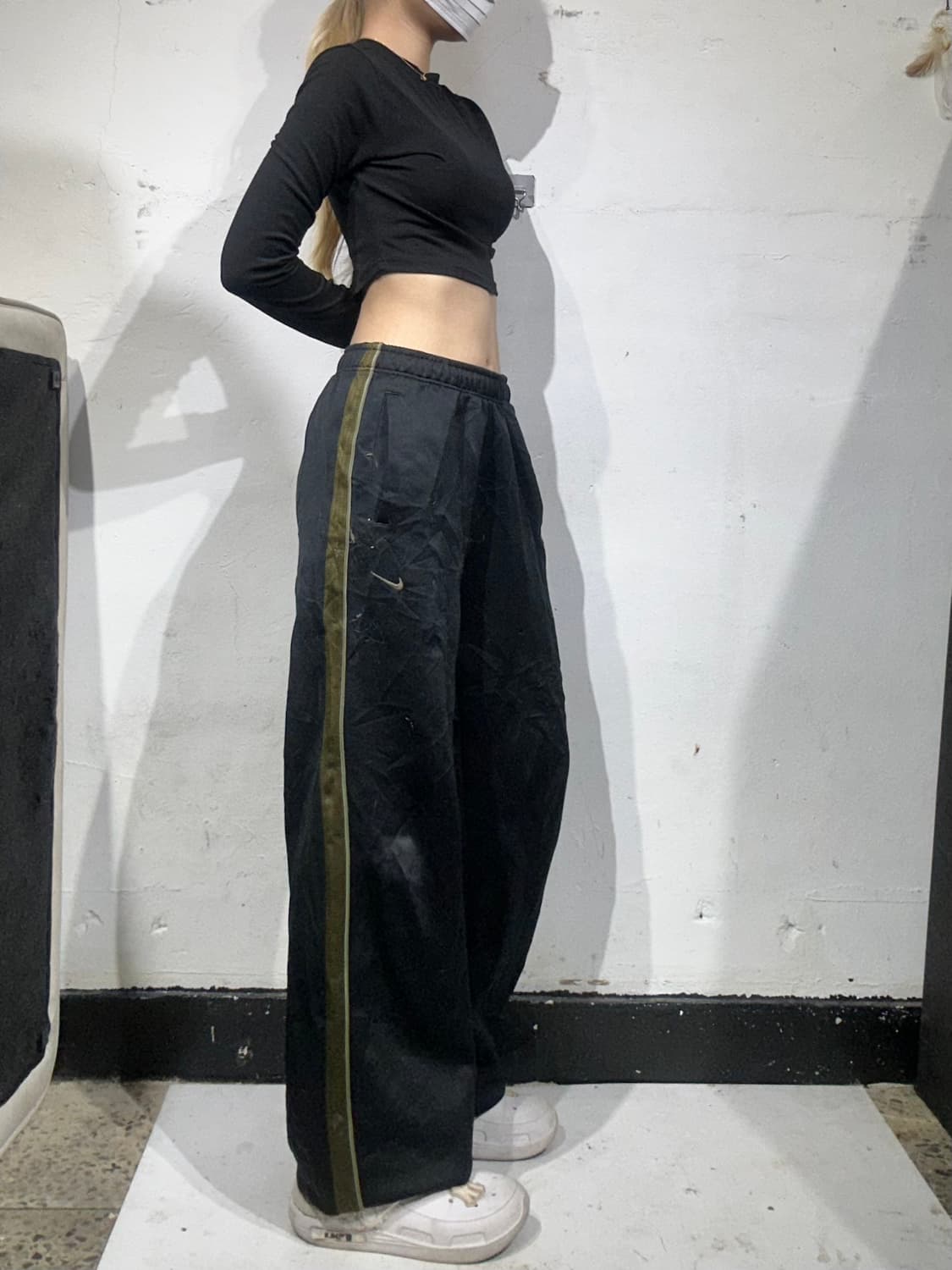 나이키 블랙 말차 카키 사이드 라인 와이드 추리닝 바지 M 상품이미지1