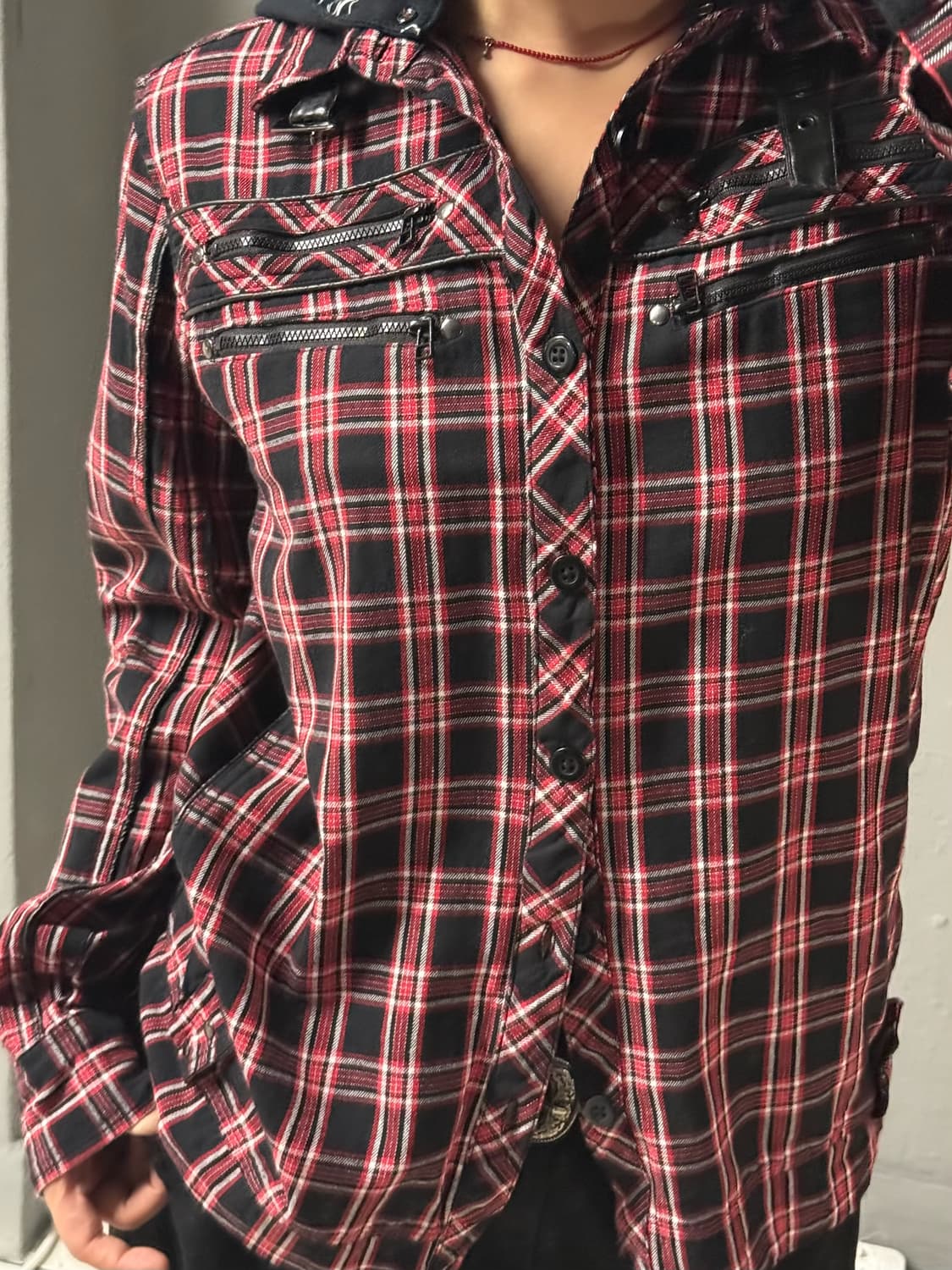 red check zipper detail hood shirt 상품이미지2