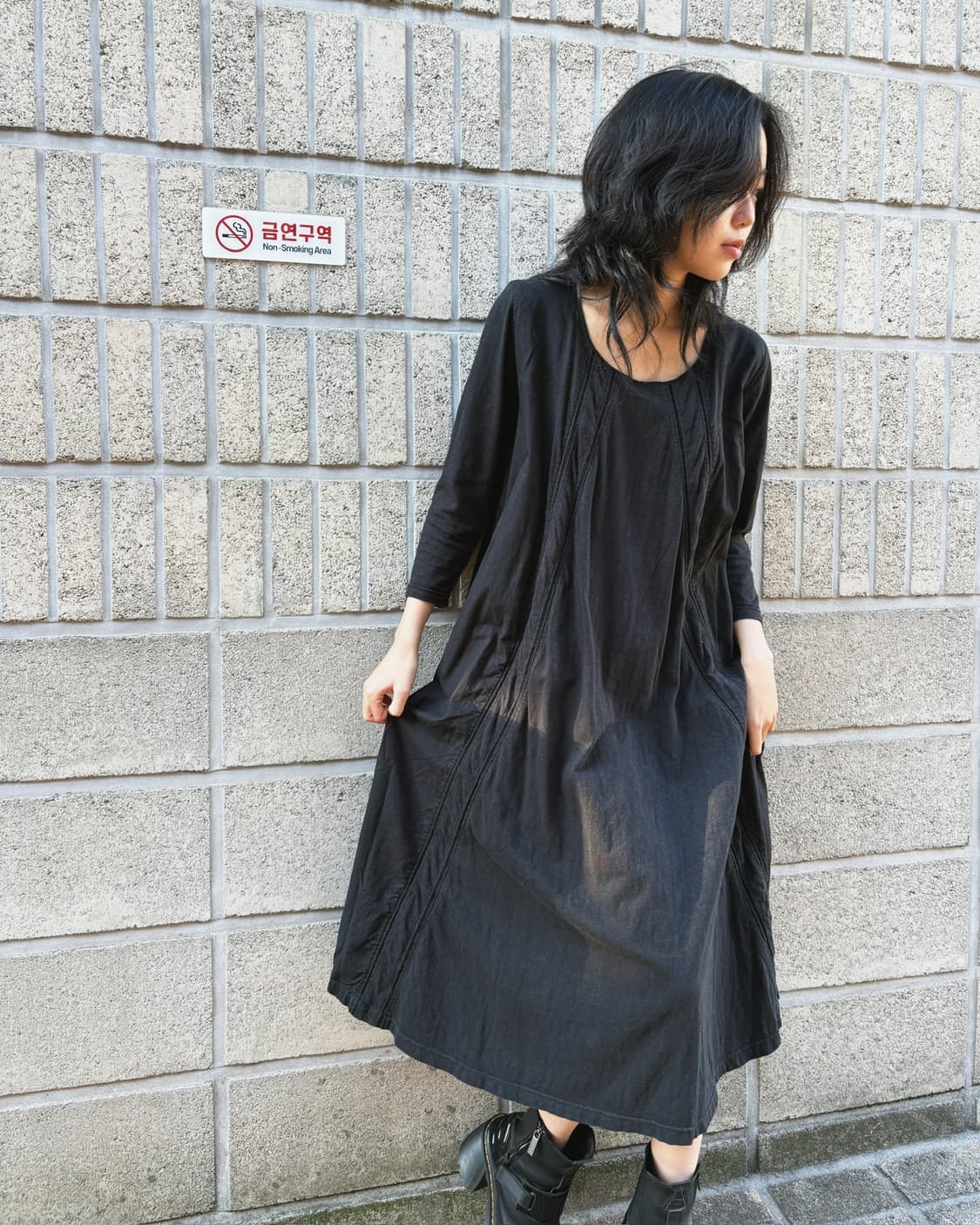 캐피탈 올 블랙 코튼 롱 원피스 상품이미지2